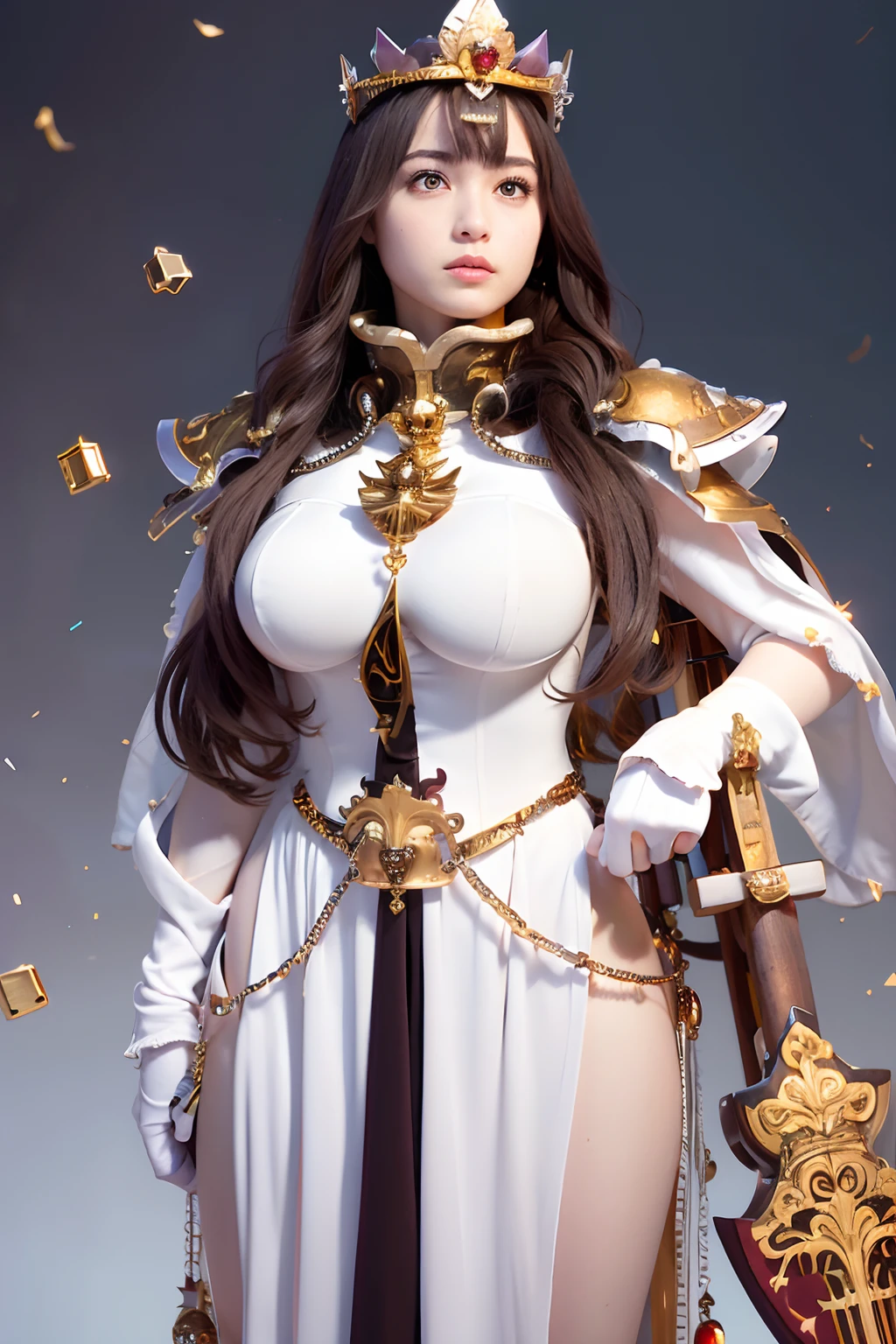 (masutepiece), Professional , masterpiece、top-quality、photos realistic , depth of fields ,(Wind element),close-up,dream magical,tornado,Lightning,(Gemstone Silver Jewel Body:1.9),(Matte White、Jewel Gold Weapon_(Metal:1.4),Gorgeous Jewel Metal Weapons , Detailed Sword of the Brave , Beautiful knife ,warhammer 40k , adepta sororitas,Detail and ornate jewel crown、Brown hair、Gangle's forest background、Beautiful Caucasian beauty、1a person、dynamic ungle,(((Detailed and ornate diamond crown)))、Particles of light、cleavage of the breast、