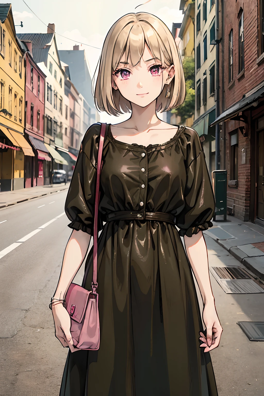 old dress, used wear clothing, dark green clothing, poor clothing, young adult, 19 years, short hair, blond hair, pink strands, strands, thin hair, pink eyes, beautiful eyes, flat chest, smile, Brown Leather Bag, masterpiece, old village background, dirt street background