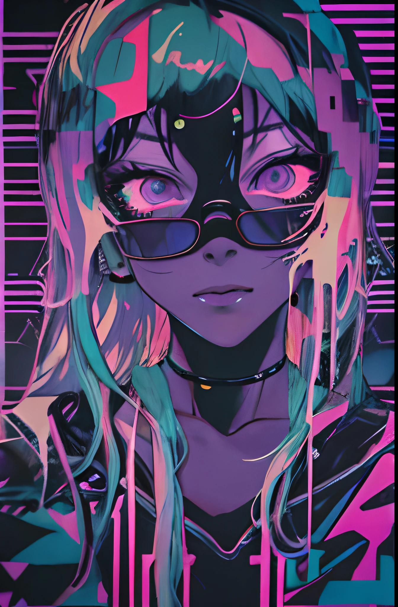 (Masterpiece), Best Quality, expressive eyes, a perfect face,(gritty:0.9),(80's aesthetic:1.1),(Neon:0.8),(Retro:0.9),(analog:1.1),(独奏:0.8),(1 person:0.6),(calavera:0.5),(Sunglasses:0.7),(The Grim Reaper:0.5),(purple and pink color scheme:0.9),(glitch:1.1),(tumult:1.0),(black and white:0.6),(Dripping letters:0.8),(Vaporwave Aesthetics:1.2),(Digital Distortion:0.9),(creepy smile:0.7),(blood splash:0.8),(darkness:0.9),