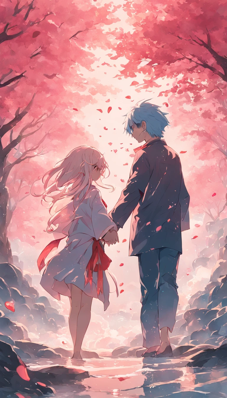 Poster production，In a romantic atmosphere，couple cuddling，Stroll through the Sea of Roses，Under the blue sky and white clouds，Qixi Chinese style，Feel the romantic theme of Valentine's Day。