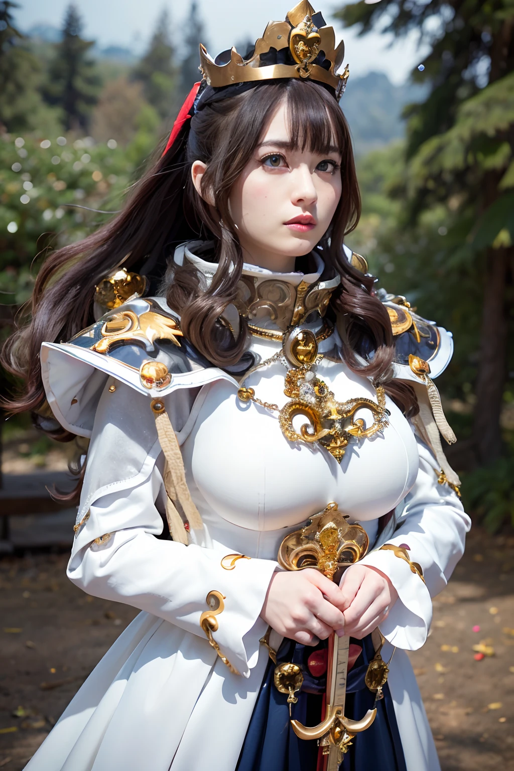 (masutepiece), Professional , masterpiece、top-quality、photos realistic , depth of fields ,(Wind element),close-up,dream magical,tornado,Lightning,(Gemstone Silver Jewel Body:1.9),(Matte White、Jewel Gold Weapon_(Metal:1.4),Gorgeous Jewel Metal Weapons , Detailed Sword of the Brave , Beautiful knife ,warhammer 40k , adepta sororitas,Detail and ornate jewel crown、Brown hair、Gangle's forest background、Beautiful Caucasian beauty、1a person、dynamic ungle,(((Detailed and ornate diamond crown)))、Particles of light、cleavage of the breast、