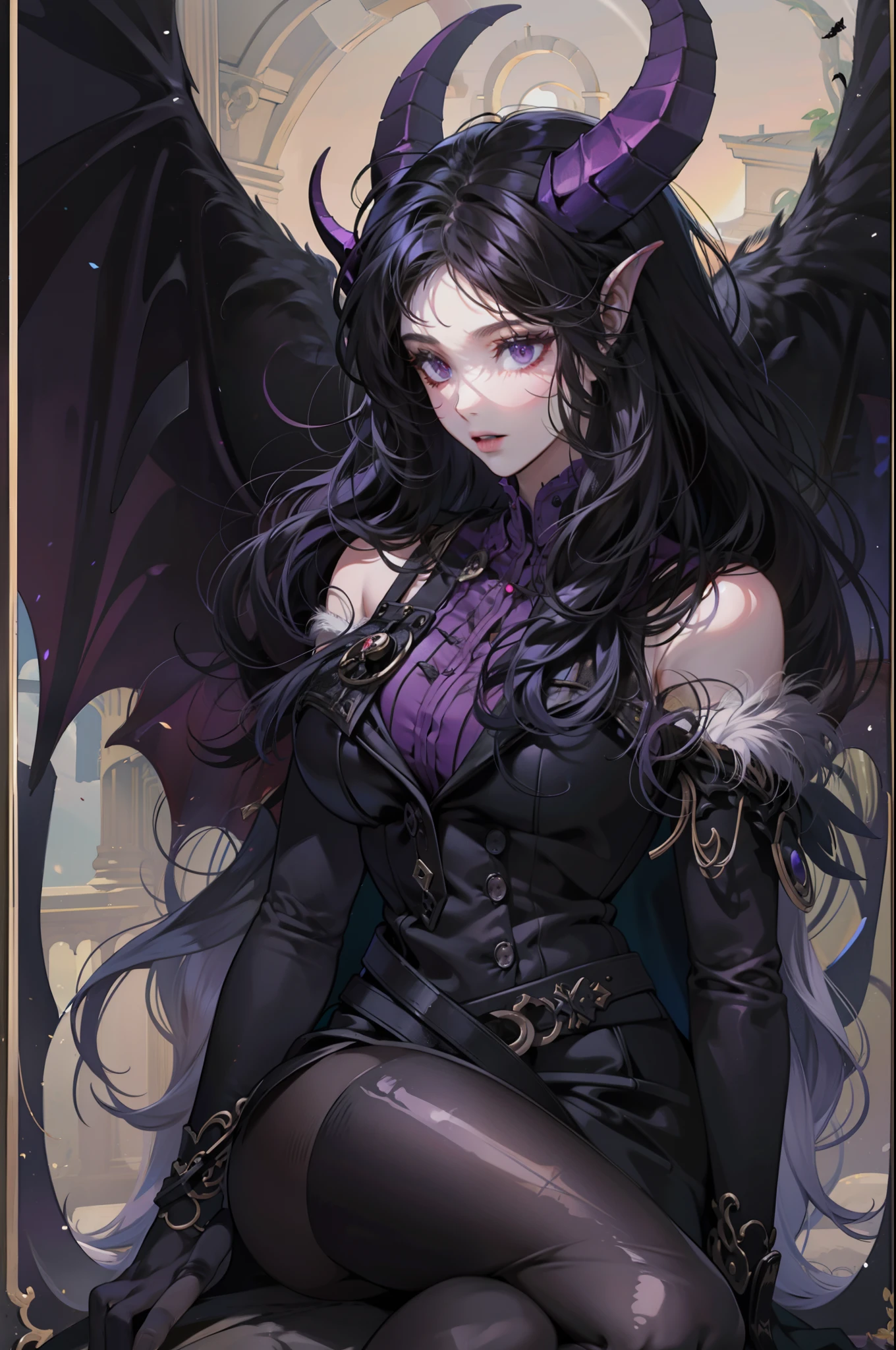A succubus that fell from the sky，Long black hair，Purple eye，There are horns on the head，Devil's wings，Black tights