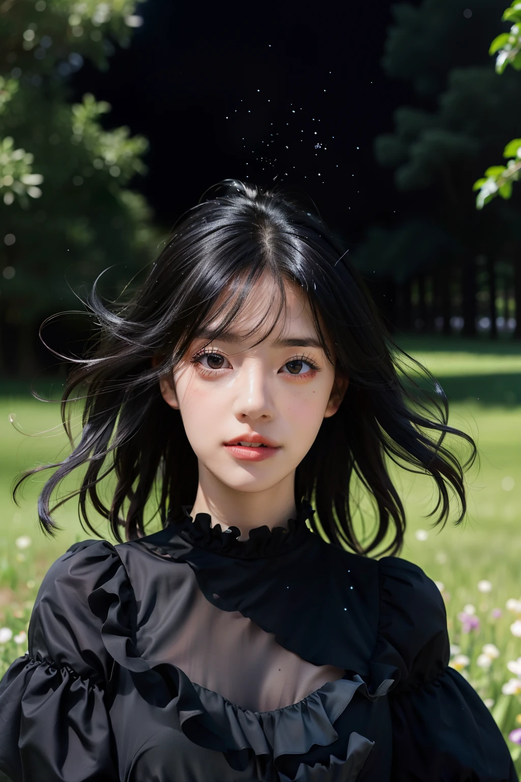 head portrait, realistic, 1girl, eyes, loli, lots of frills, black long dress, starry sky, black hair blowing in the wind, trees, bloom light effect