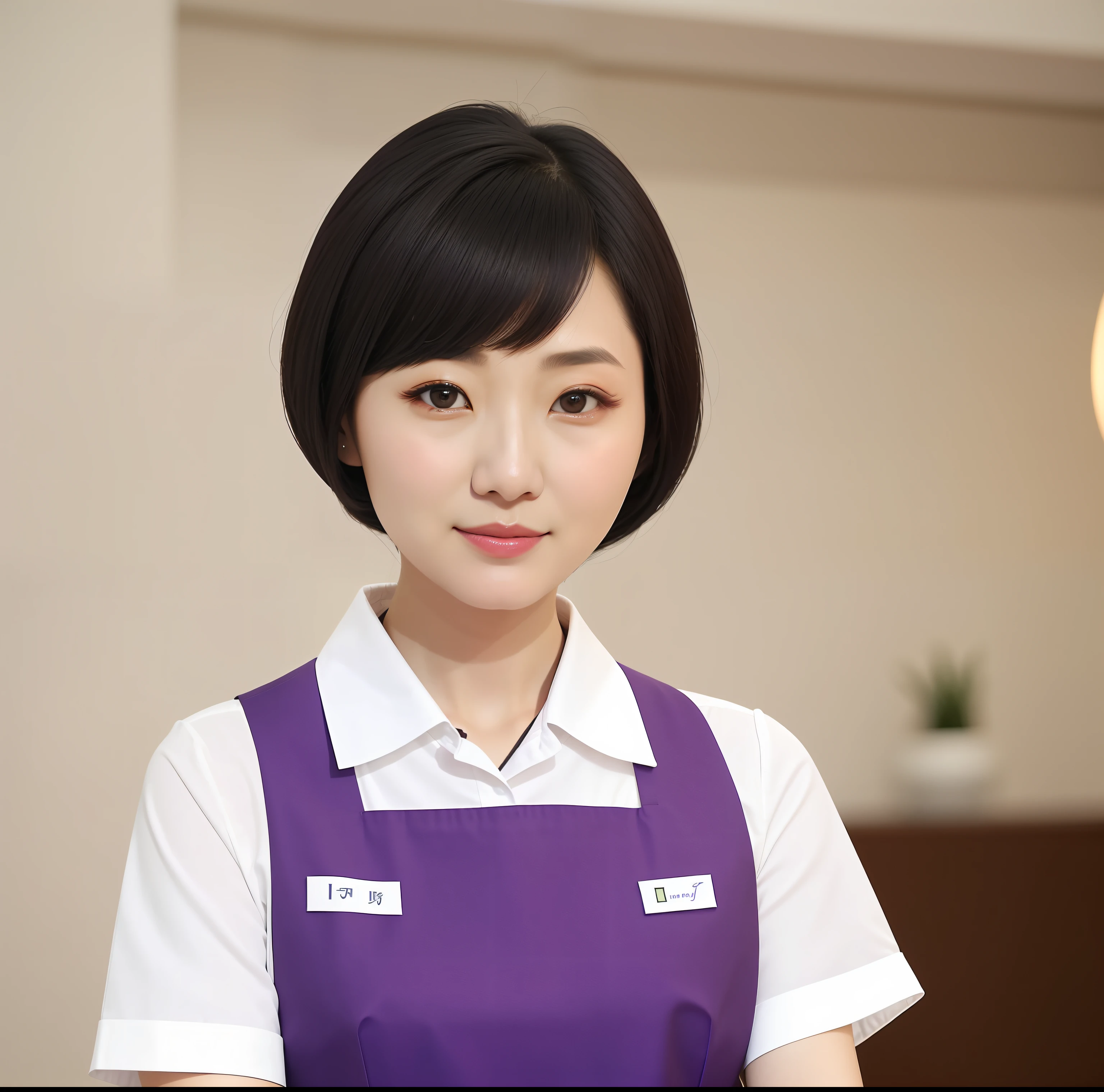 The Arad woman in a purple apron sat at the table,Carrying a plate of food, jiyun chae, shin min jeong, Korean woman, sakimichan hdri, jaeyeon nam, Lee Ji-eun, lee ji eun, Choi Hyun-hwa, Kim Hyun-joo, jung gi kim, Shouko Nishimiya, seseon yoon