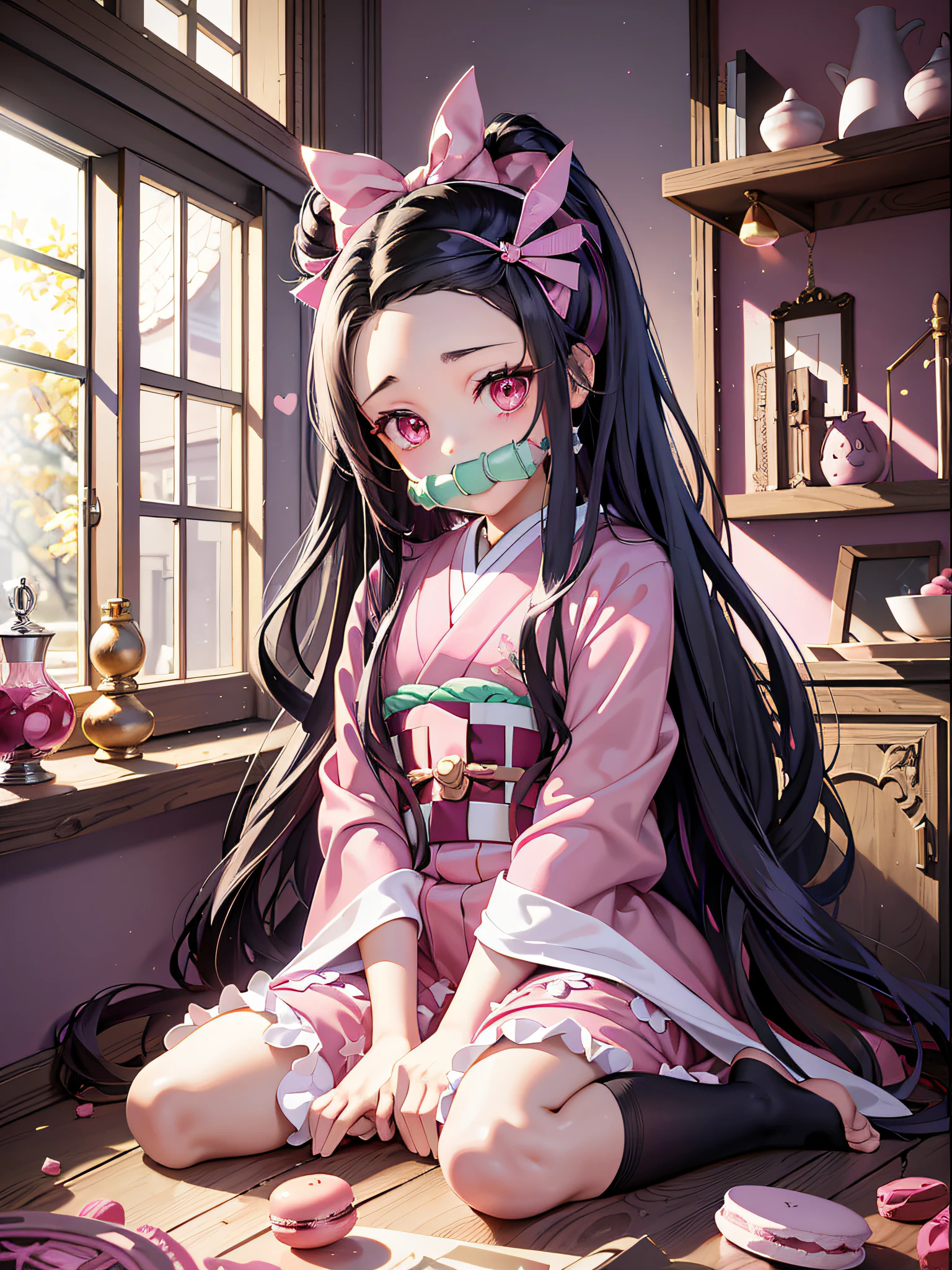 1girl (masterpiece) (highest quality) (shiny hair) (shiny skin), kamado nezuko, demon slayer style, black hair, forehead, hair ribbon, kimono, long hair, multicolored hair, pink eyes, pink kimono, pink ribbon, ribbon, very long hair, gagged, bit gag, (5 , loli: 1.2(pink cute room), (pink gothic room), (messy room, fairy tale, Macarons, candy, heart items, ribbons, star items, small windows, (sundries are placed in a mess), dresser, anti-makassar, wariza, sitting, squatting, kneeling, between the legs