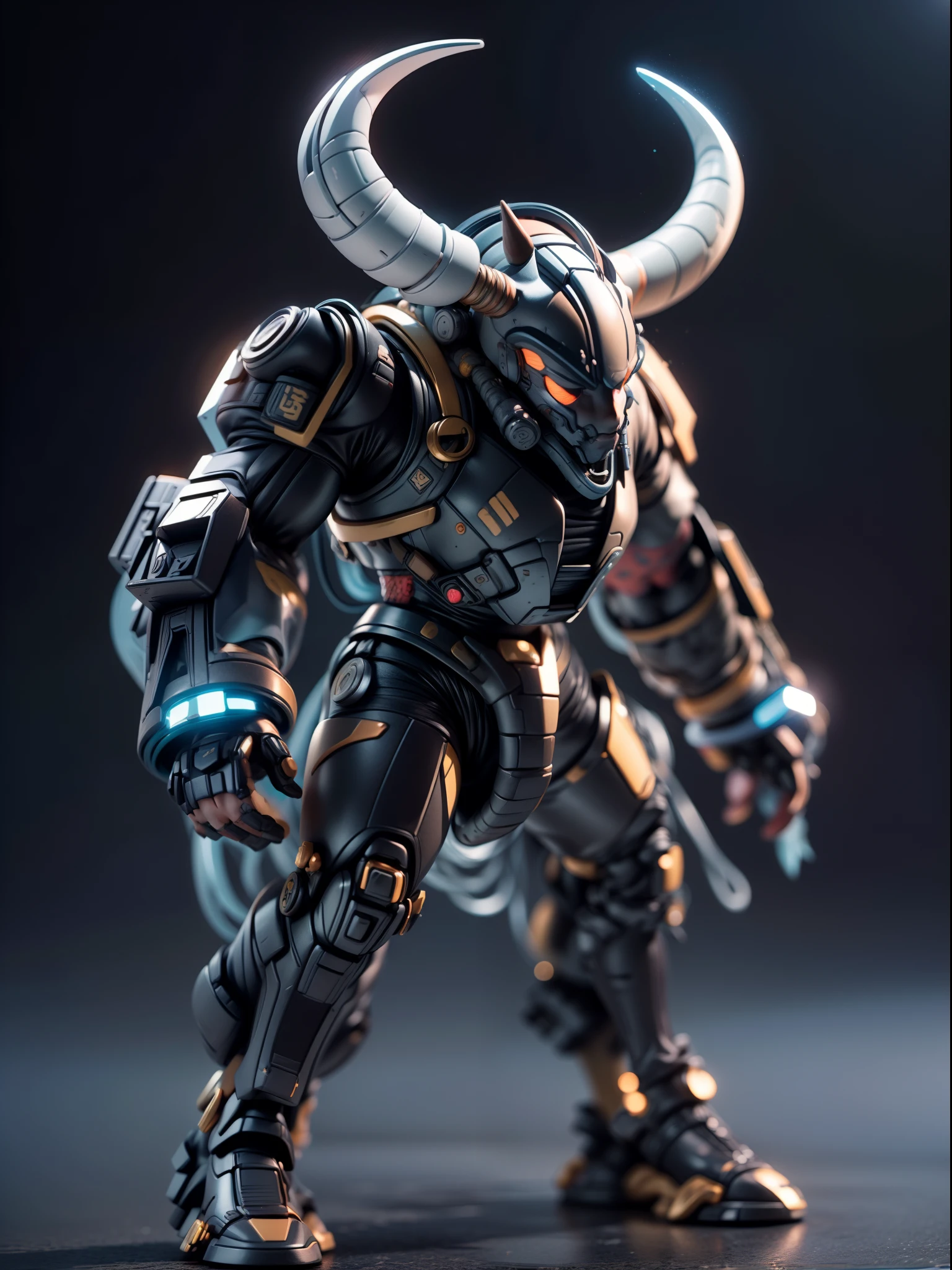 (Blind box toy style:1.3),((Full body shot)),(anthropomorphism),(1 strong bull warrior,solo),big horn,transparent plastic mecha,dreamy glow, cyberpunk style,Clean black background,white style,(circular base)( Global illumination, Ray tracing, hdr, unreal render,reasonable design, high detail, Masterpiece, Best quality, hyper HD, Cinematic lighting)