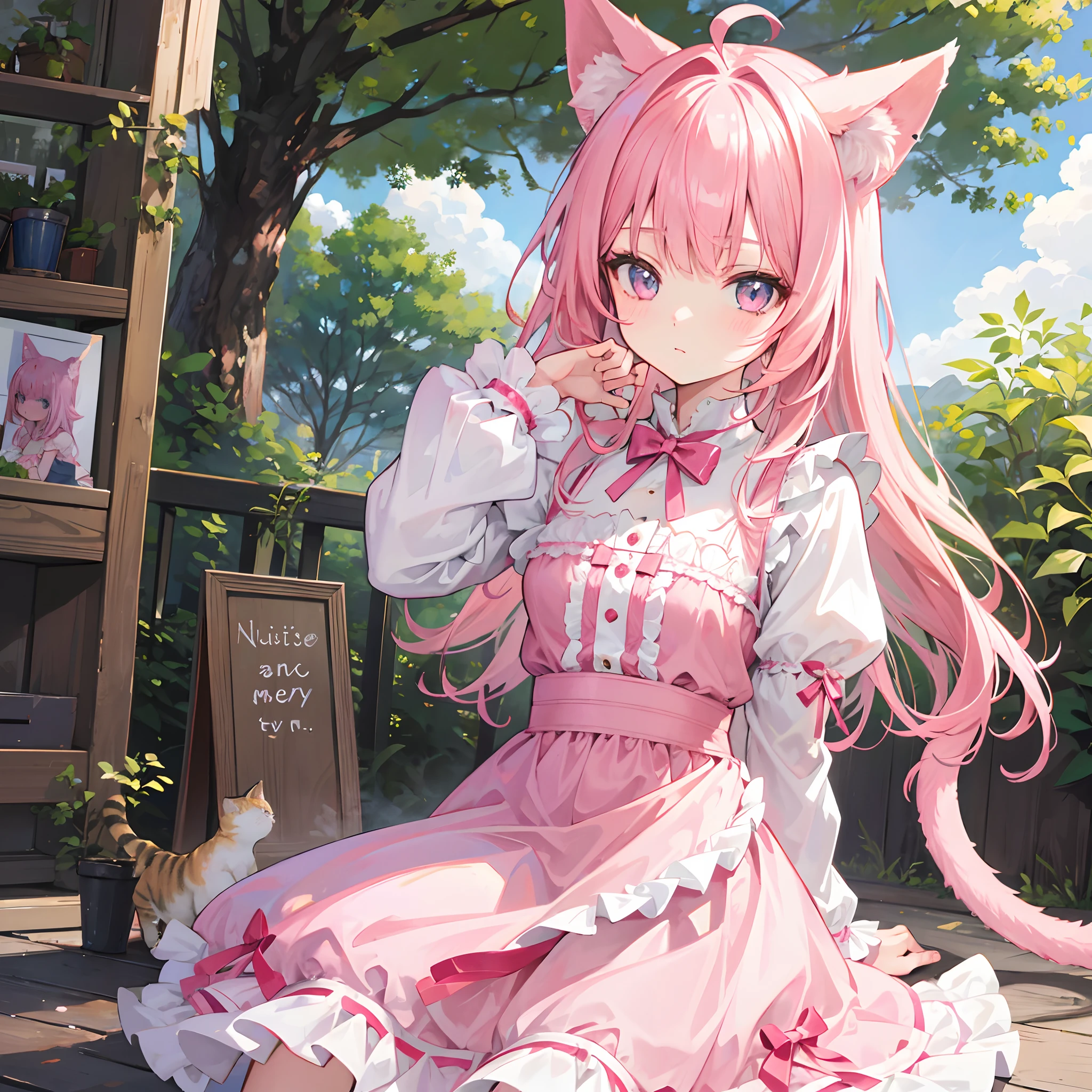 1girll，A pink-haired，Ruffle your hair，Cat's ears