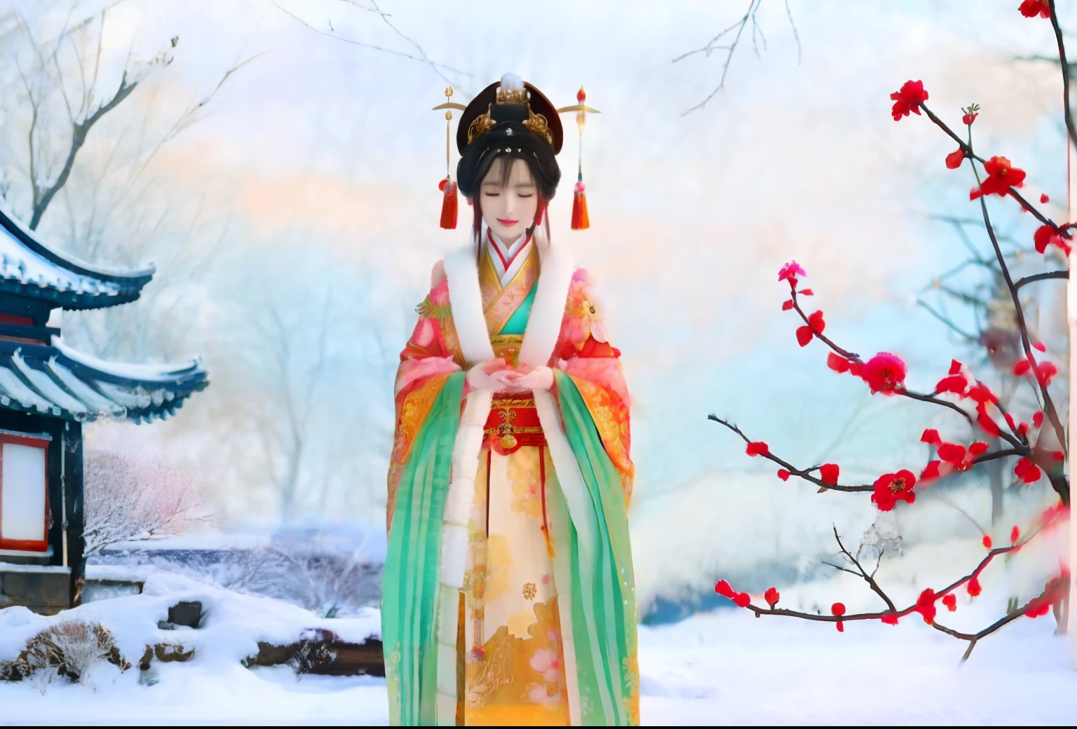 In the snow stood a woman dressed in traditional Chinese clothing, Princesa chinesa antiga, ancient asian dynasty princess, Inspired by Lan Ying, Inspired by Qiu Ying, inspired by Ma Yuanyu, Palace , A girl in Hanfu, a beautiful fantasy empress, China Princess, inspired by Lü Ji, chinese empress, inspired by Sim Sa-jeong