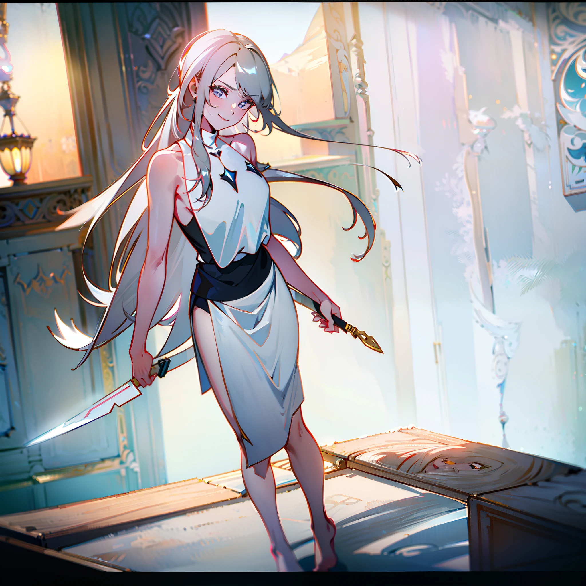 Kizi,and the sun was shining brightly,Shiny, (White hair),(Gray eyes), full bodyesbian,Barefoot,Long hair is calm and natural,courtyard,Stand with a knife,grey-eyed, Detailed eyes, ultra - detailed,Light smile, Highly detailed, Beautiful, small detailed, Ultra detailed, Best quality, Intricate, 4K, 8K, trending on artstationh, Good anatomy, Beautiful lighting, Award-winning,
