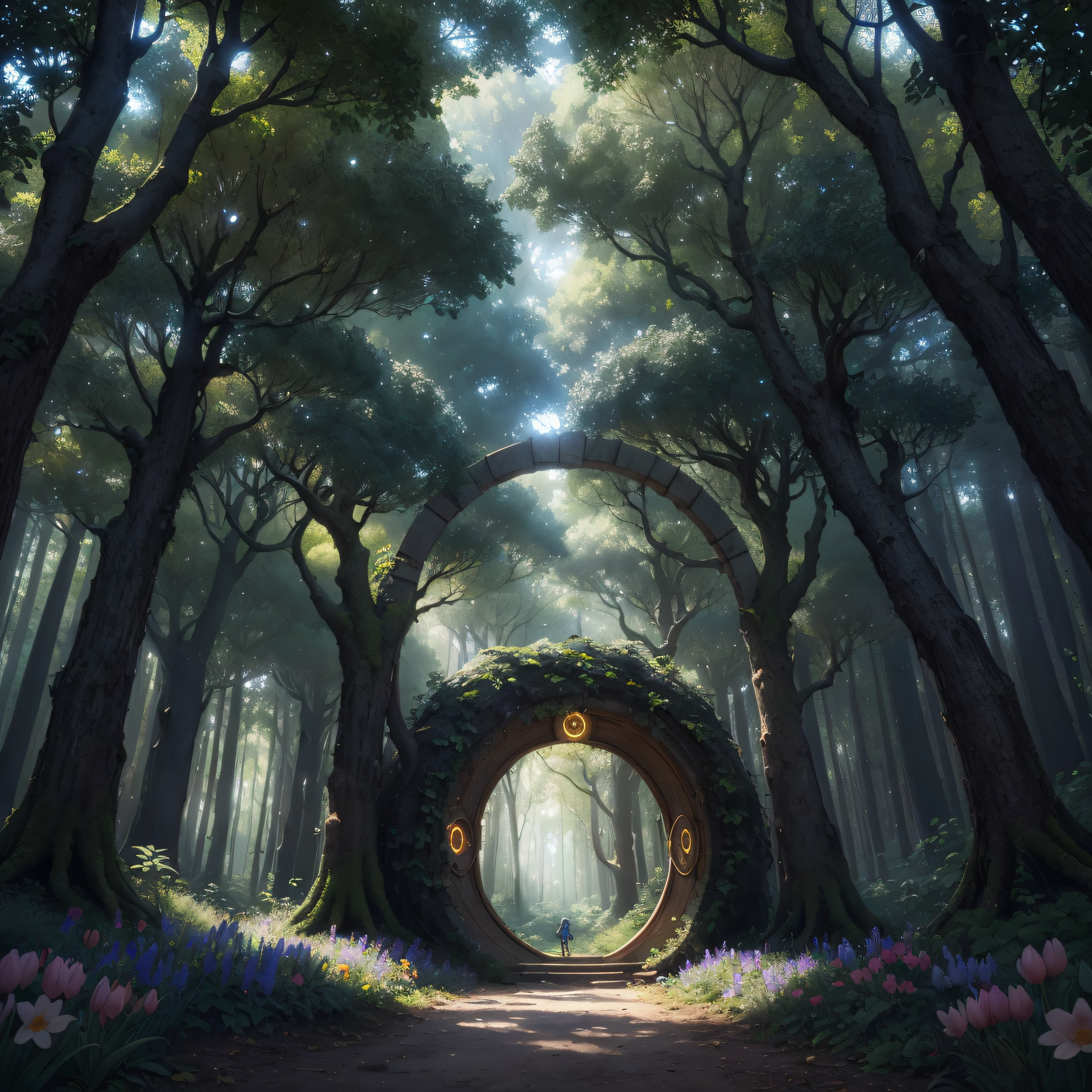 iluminated stargate portal in the mystical Lumina Forest, (visitor:1.3), bright day, She safeguards the forest's magic and educates visitors about the importance of its preservation. spring flowers