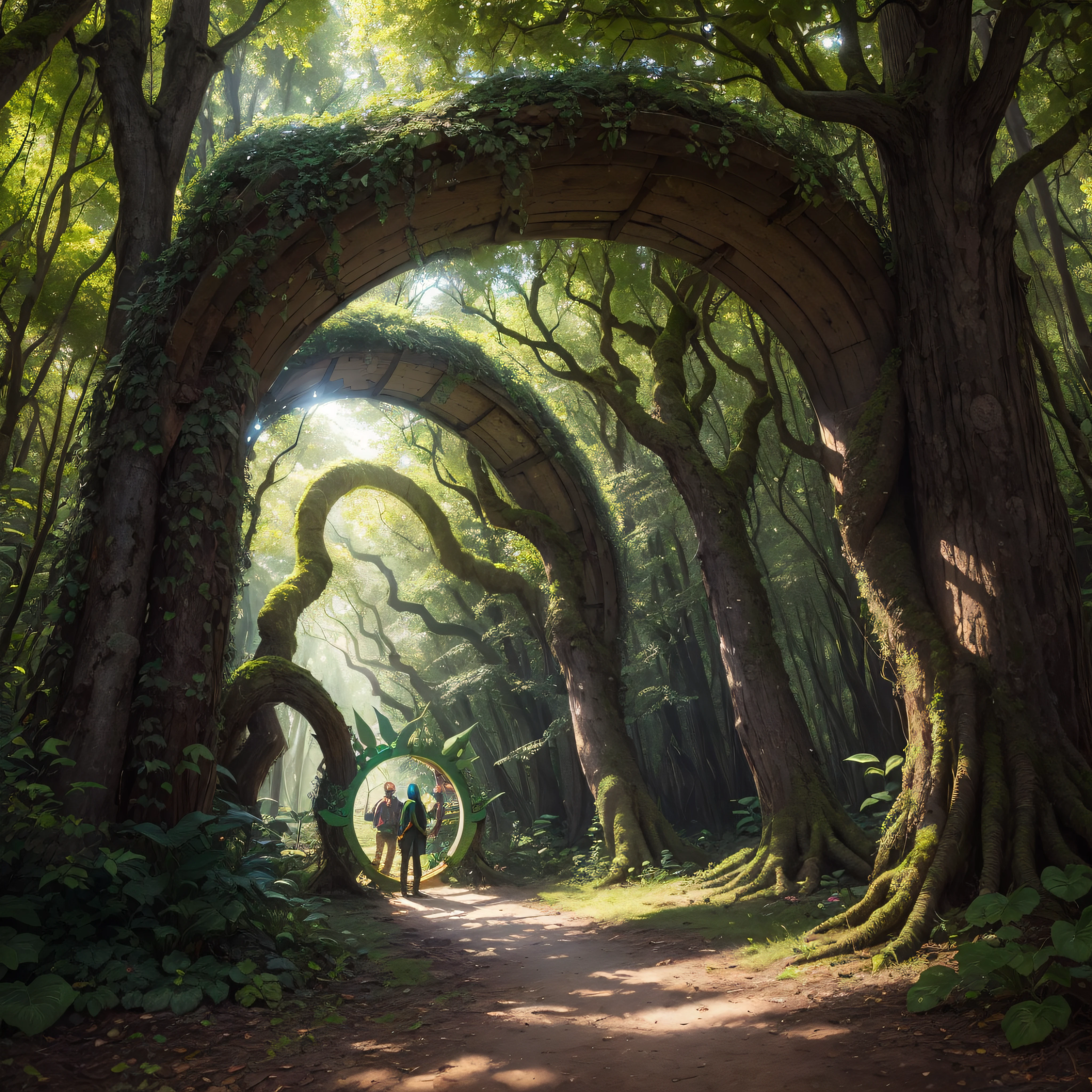 iluminated stargate portal in the mystical Lumina Forest, (visitor:1.3), bright day, She safeguards the forest's magic and educates visitors about the importance of its preservation. spring flowers