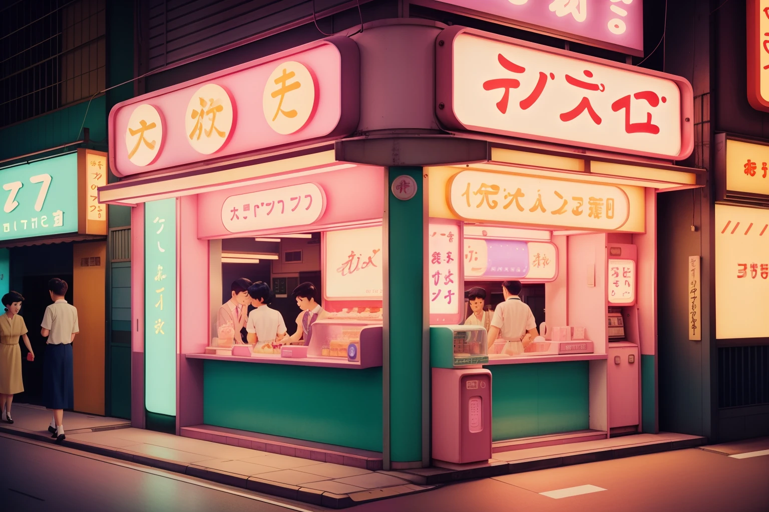 Date: 1959
Location: Tokyo, Japan
Description: A pastel-hued retro milkshake bar stands on a Tokyo street corner, its neon signage casting a gentle glow on the sidewalk as pedestrians stroll by.