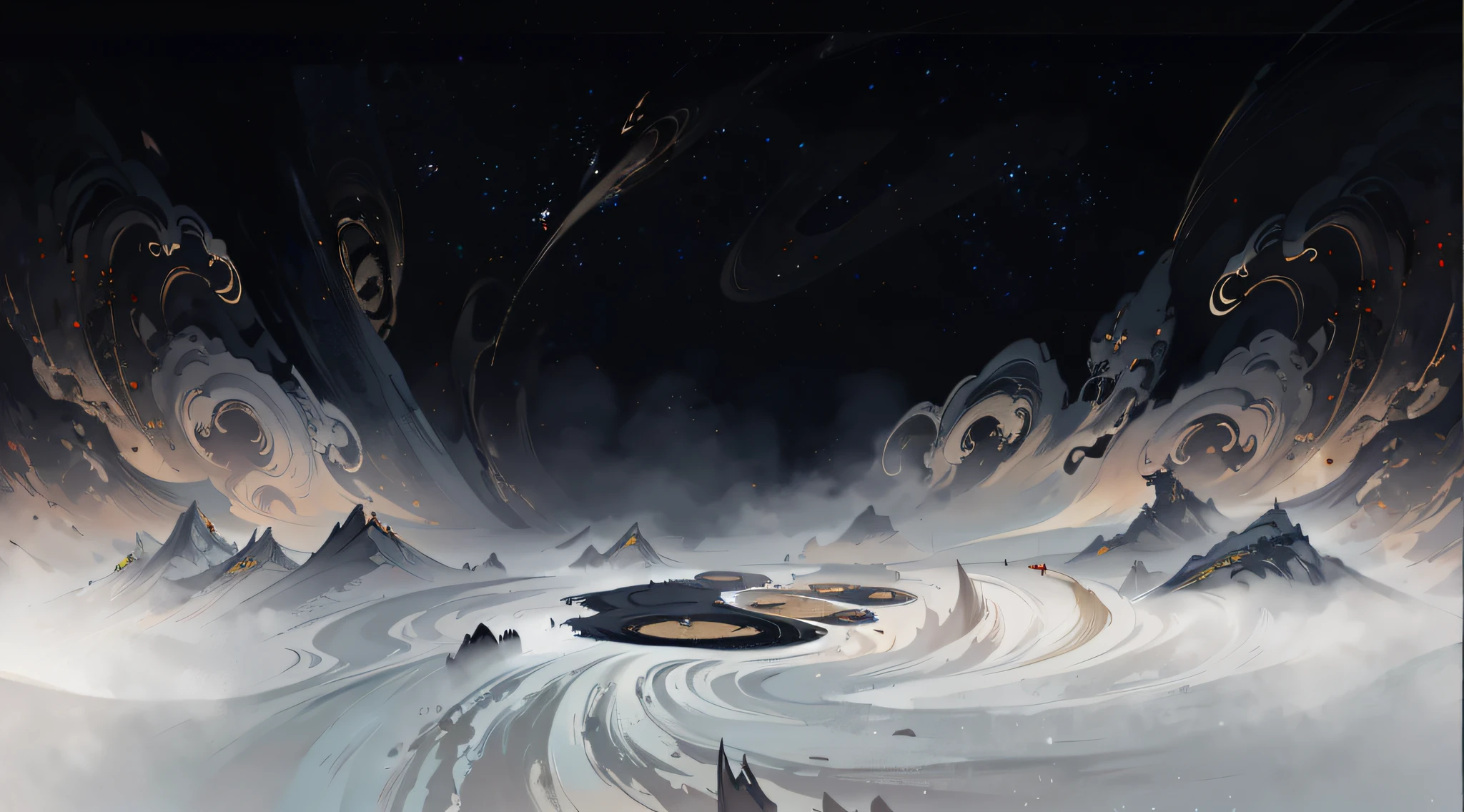 China ink painting,Floating mountains, the background is misty, game background, misty environment, 2 d game art background, loading screen, Detailed game art, Wonderland is ethereal,high qulity,ultra-clear,Sense of space,Layered,