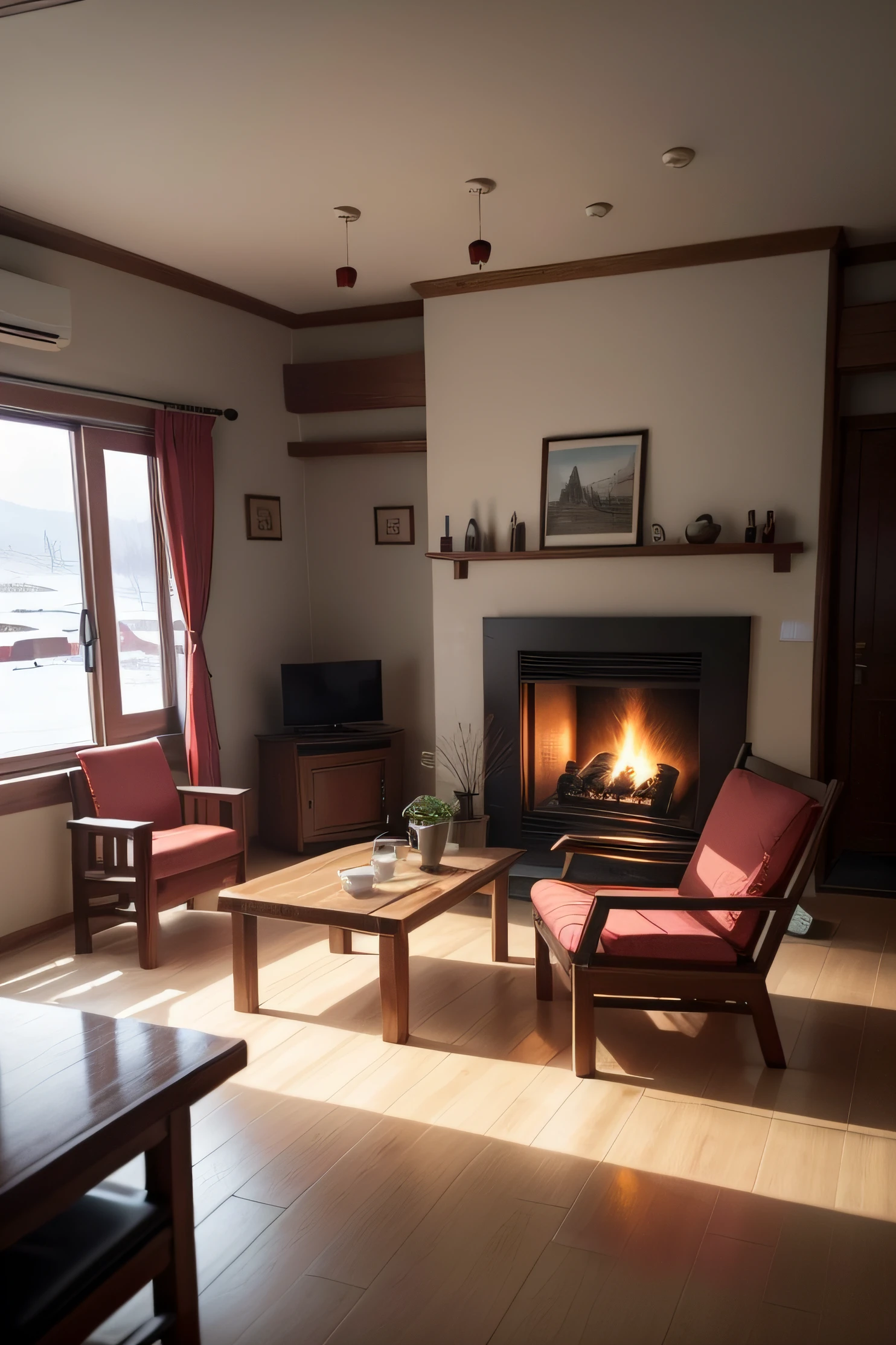 It's snowing in rural China,The old man used the fireplace for heating indoors,Sofa chairs in the room