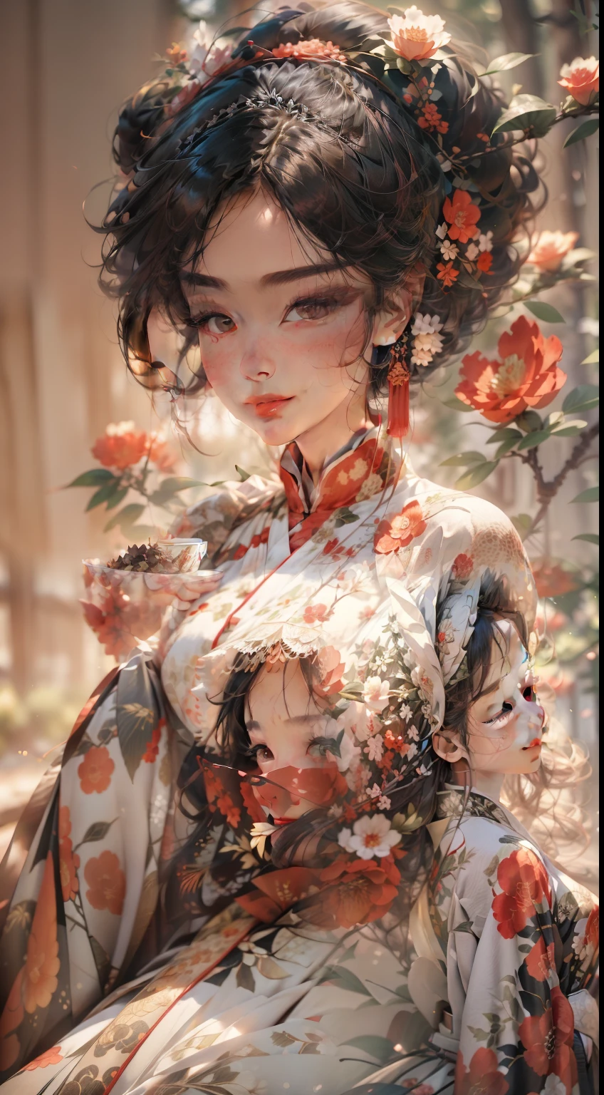 A Chinese woman who looks feminine and pampered,Movie Angle,( cute female child,Anatomically correct,full bodyesbian,Masterpiece camellia,Representative work Hanfu,Smile),(illustration,paper art,a 3D render),(Extremely colorful, Best quality, high detal, Masterpiece, Cinematic lighting, 4K, Chiaroscuro)