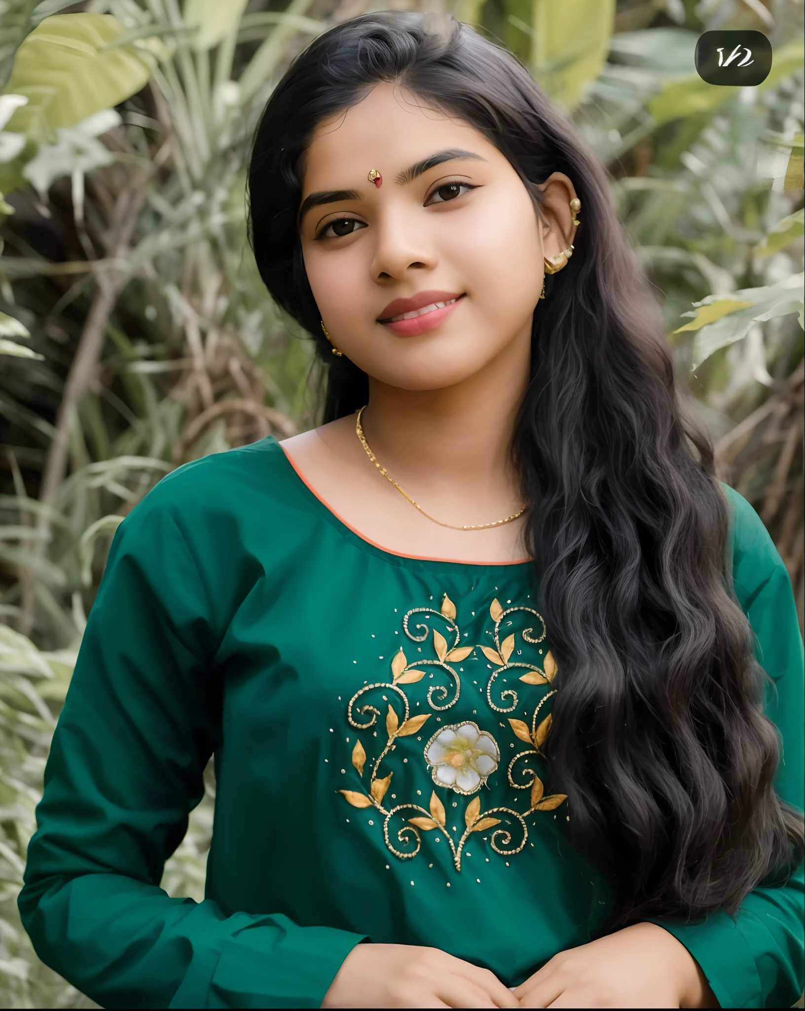 a close up of a woman with long hair wearing a green shirt, with kerala motifs, indian girl with brown skin, inspired by Odhise Paskali, traditional beauty, kerala motifs, photo of young woman, devainart, inspired by T. K. Padmini, taken in 2022, jayison devadas