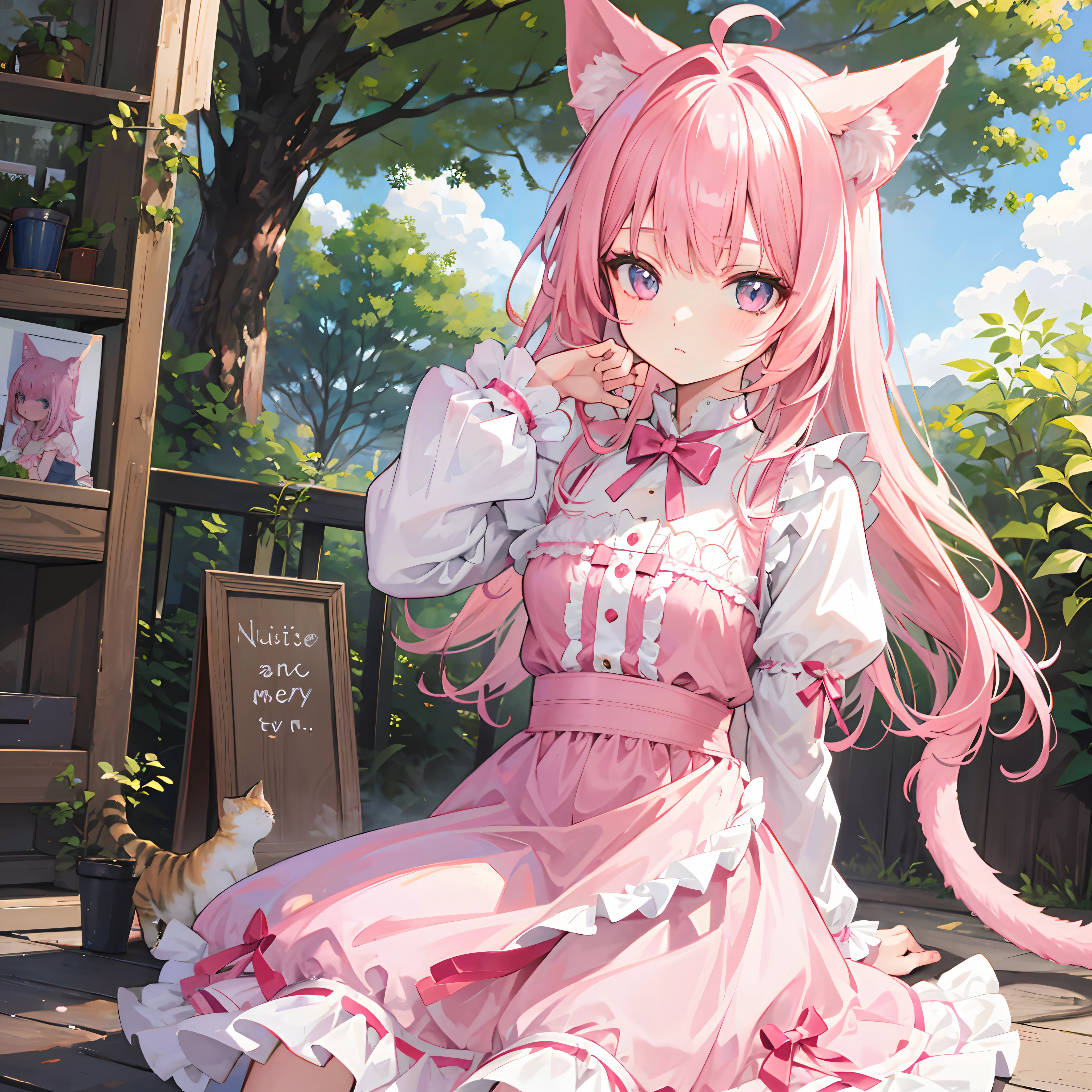 1girll，A pink-haired，Ruffle your hair，Cat's ears