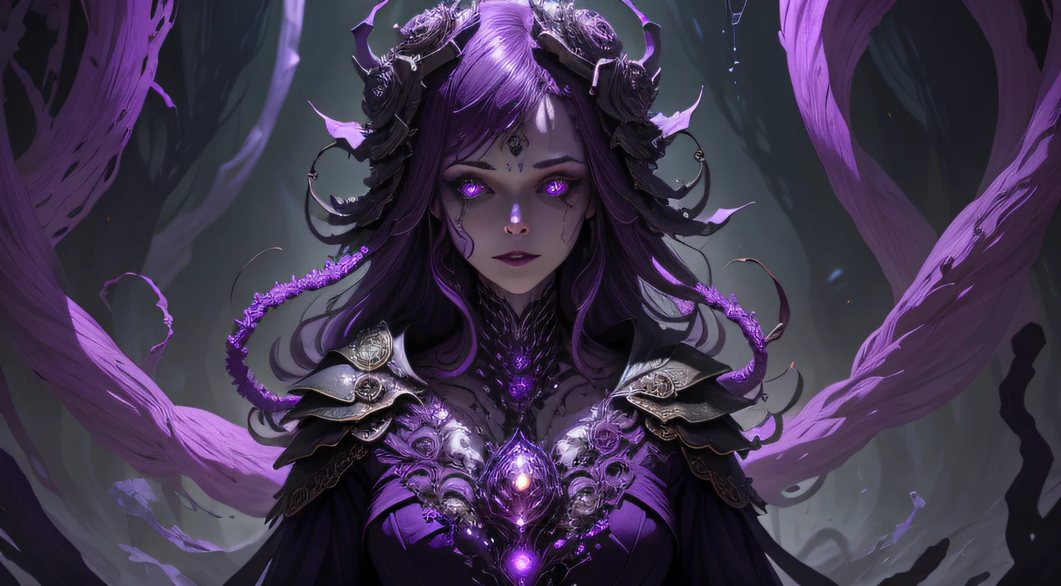 purple and white，A woman surrounded by nightmares， cosmic horror，Diamond-clustered skin all over the body， Dark mood， Dark environment， the night， terroral， bloods， incrivel， Funk， panicking， be desperate，Full body armor，Large