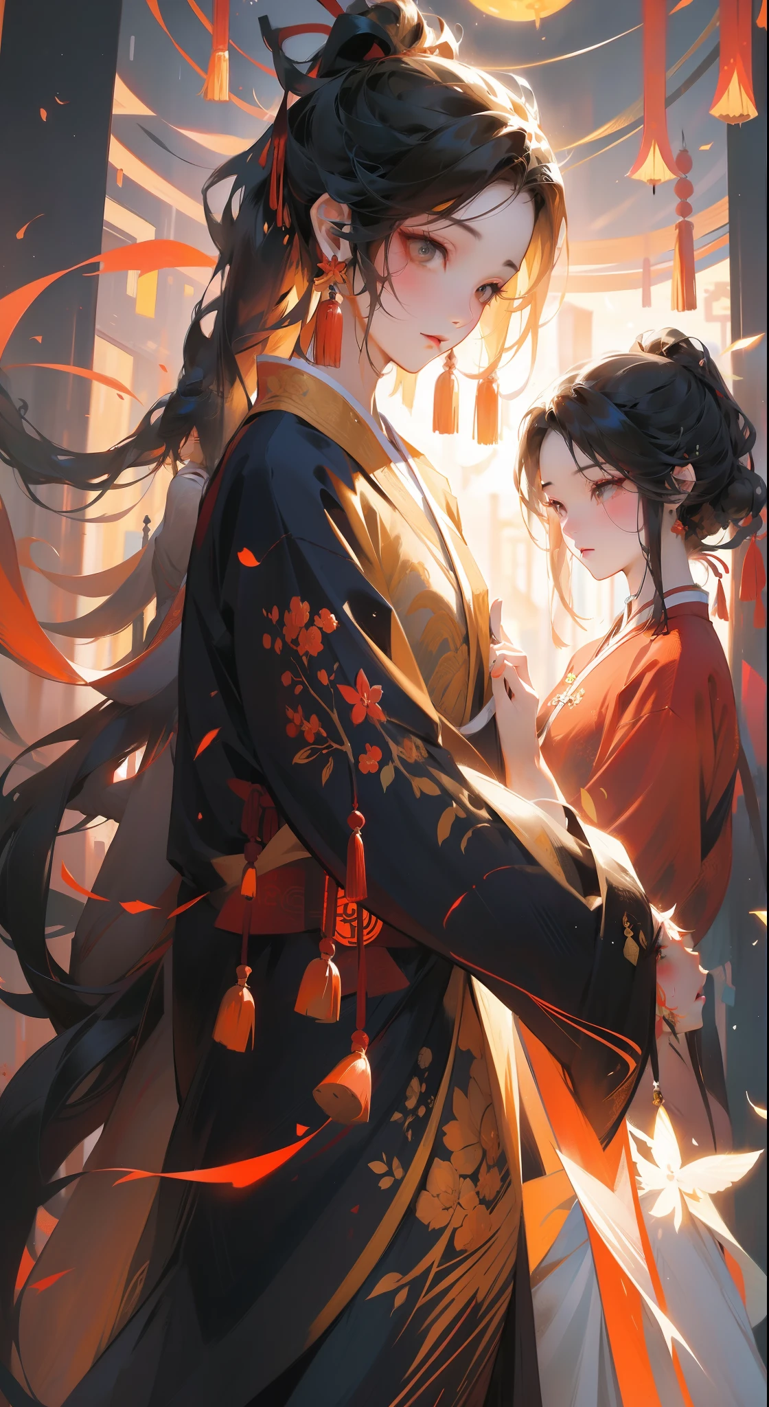 A Chinese couple,Tanabata, magpie, Chinese landscape, abstract paintings, Zen,Amy Sol style, With a cover art of light abstraction,Simple vector art, Contemporary Chinese art, Gradient of color, Soft color palette ,layered forms, Whimsical animation, Style Ethereal abstract --q2
