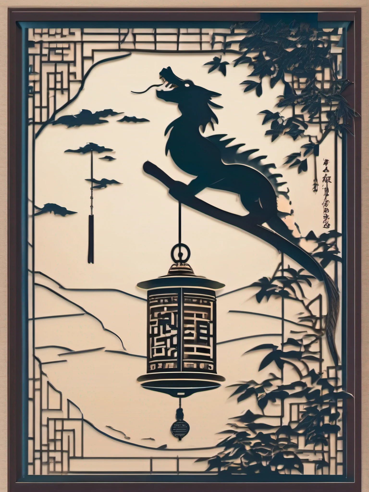 hightquality、high-level image quality、detail portrayal、A cast-iron bell-shaped wind chime hanging by the window、Dragon openwork with astringent bronze body。Delicate carving、Round windows、You can see the night sky from the shoji。A strip of paper at the end of a thread lowered from a bell inside is swaying in the wind