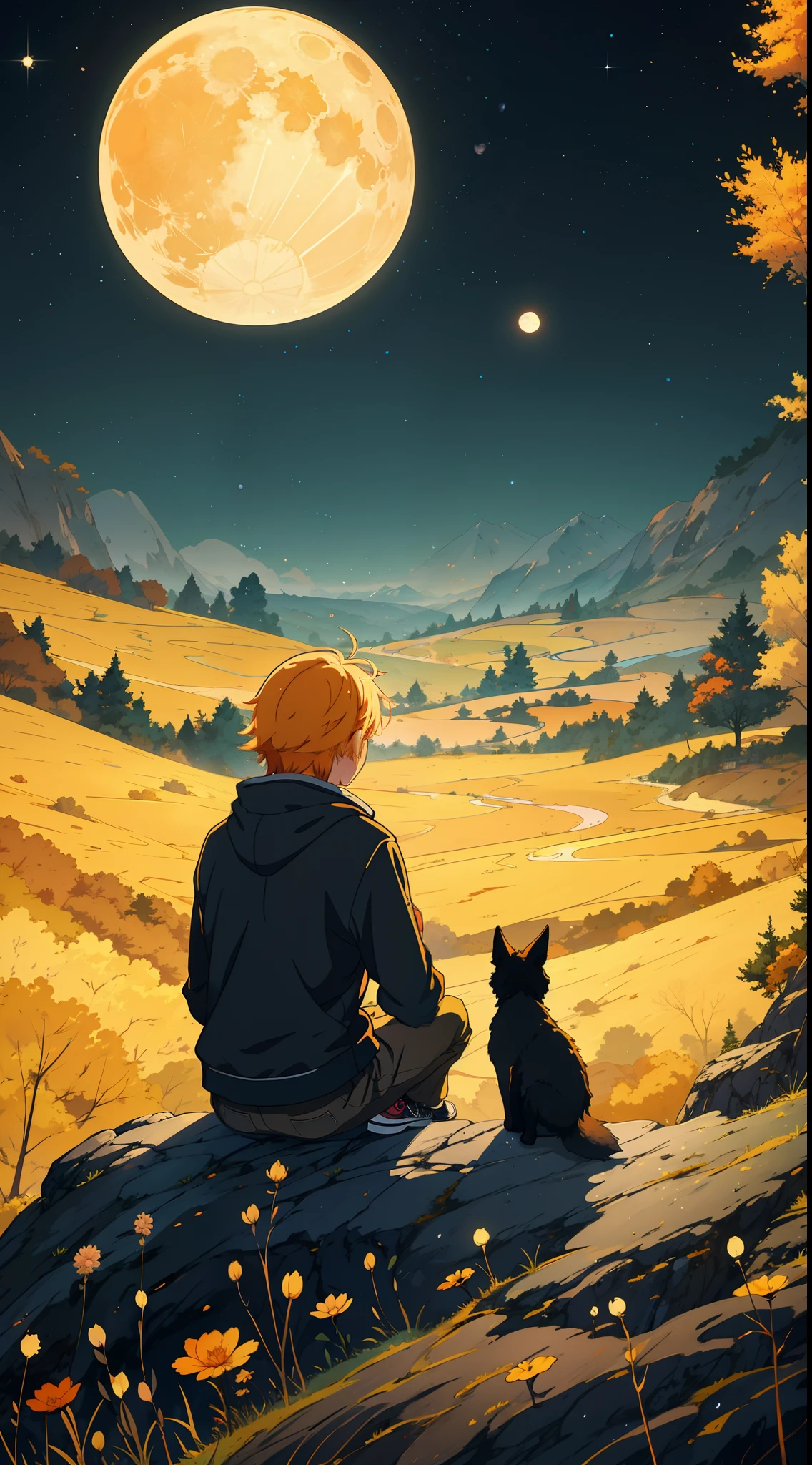 there is a boy sitting on a rock with a fox looking at the moon, calm night. digital illustration, lofi art, amazing wallpaper, high quality wallpaper, detailed fanart, inspired by Cyril Rolando, background artwork, anime art wallpaper 8 k, makoto shinkai cyril rolando, 4 k hd illustrative wallpaper, cyril rolando and goro fujita