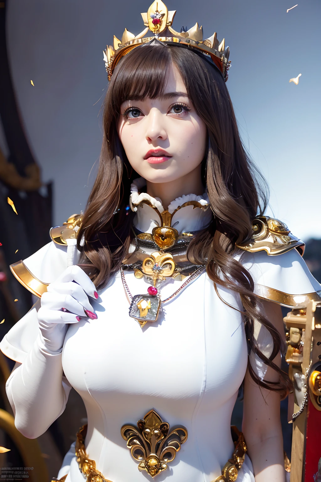 (masutepiece), Professional , masterpiece、top-quality、photos realistic , depth of fields ,(Wind element),close-up,dream magical,tornado,Lightning,(Gemstone Silver Jewel Body:1.9),(Matte White、Jewel Gold Weapon_(Metal:1.4),Gorgeous Jewel Metal Weapons , Detailed Sword of the Brave , Beautiful knife ,warhammer 40k , adepta sororitas,Detail and ornate jewel crown、Brown hair、Gangle's forest background、Beautiful Caucasian beauty、1a person、dynamic ungle,(((Detailed and ornate diamond crown)))、Particles of light、cleavage of the breast、magic circles、
