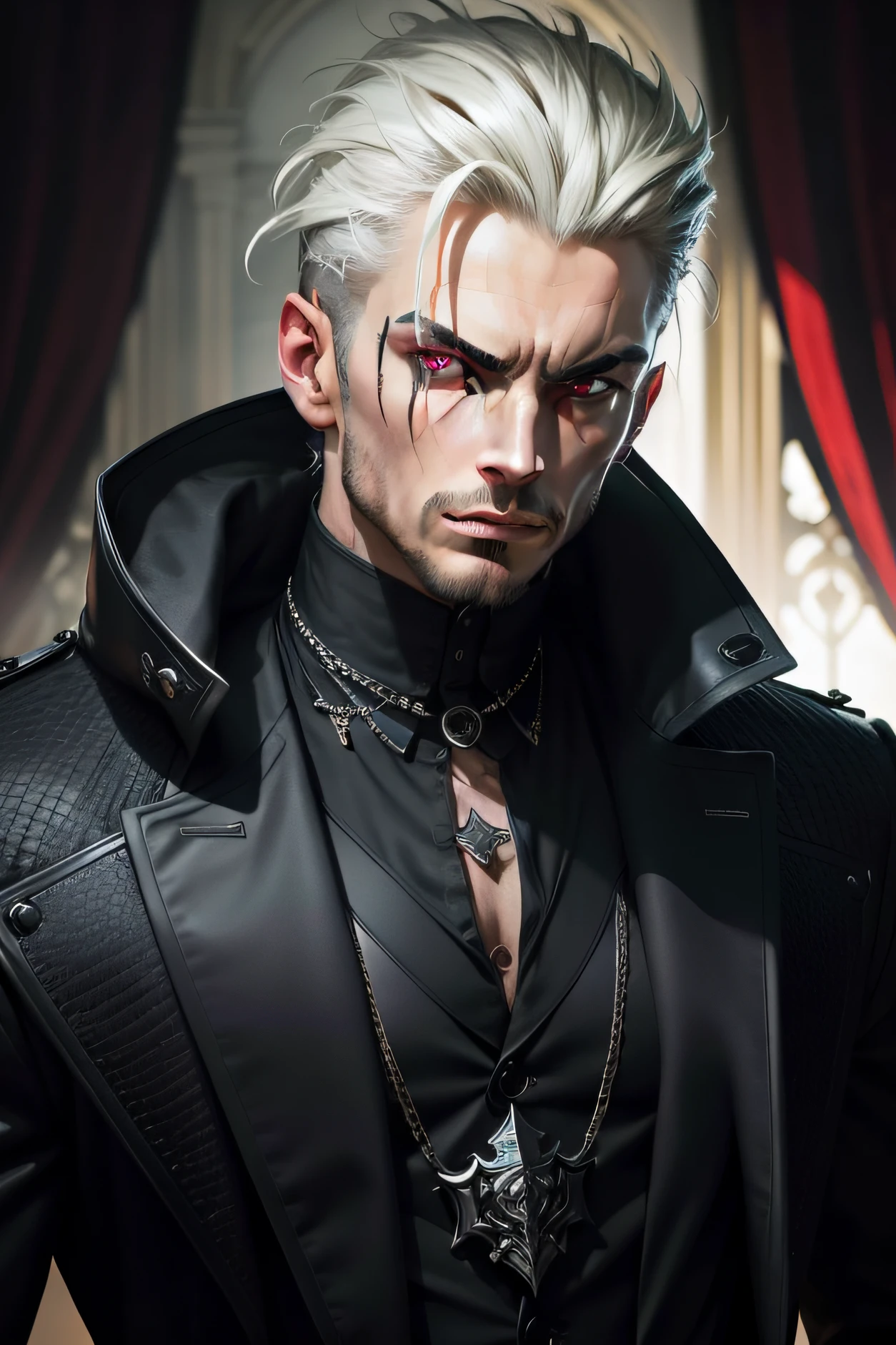 masterpiece, best quality, masterpiece, best quality, Create a striking art piece featuring an edgy male villain, adorned in a dark and stylish ensemble, with sharp features, intense eyes, and a commanding posture, exuding an aura of malevolence and mystery that captivates and intimidates viewers, phenomenal aesthetic, sumptuous