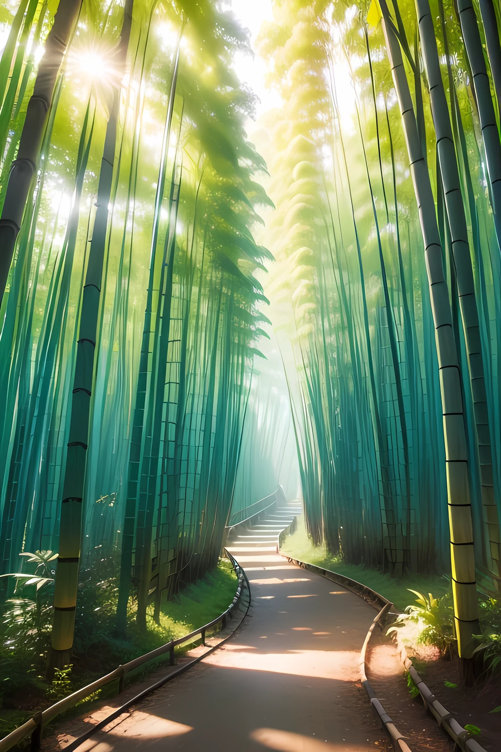 In the summer bamboo forest,Sunlight shines obliquely from above,Sunlight is scattered throughout the bamboo forest,8K high-definition。