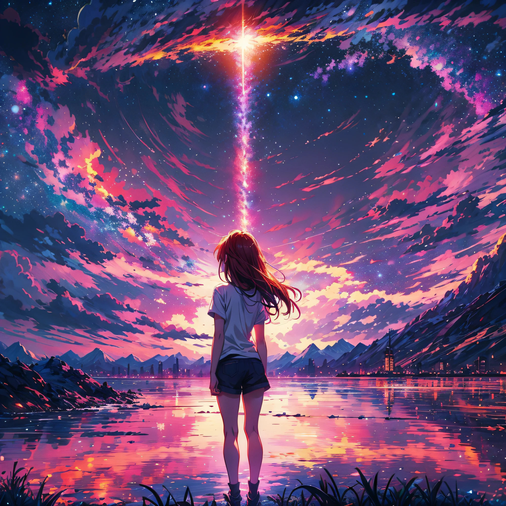 anime wallpapers of a girl looking at a view of the sky and stars, cosmic skies. by makoto shinkai, anime art wallpaper 4 k, long red hair, golden eyes, white shirt, black panties, anime art wallpaper 4k, anime art wallpaper 8 k, anime sky, amazing wallpaper, anime wallpaper 4 k, anime wallpaper 4k, 4k anime wallpaper, makoto shinkai cyril rolando, anime background art, makima, comet, star.