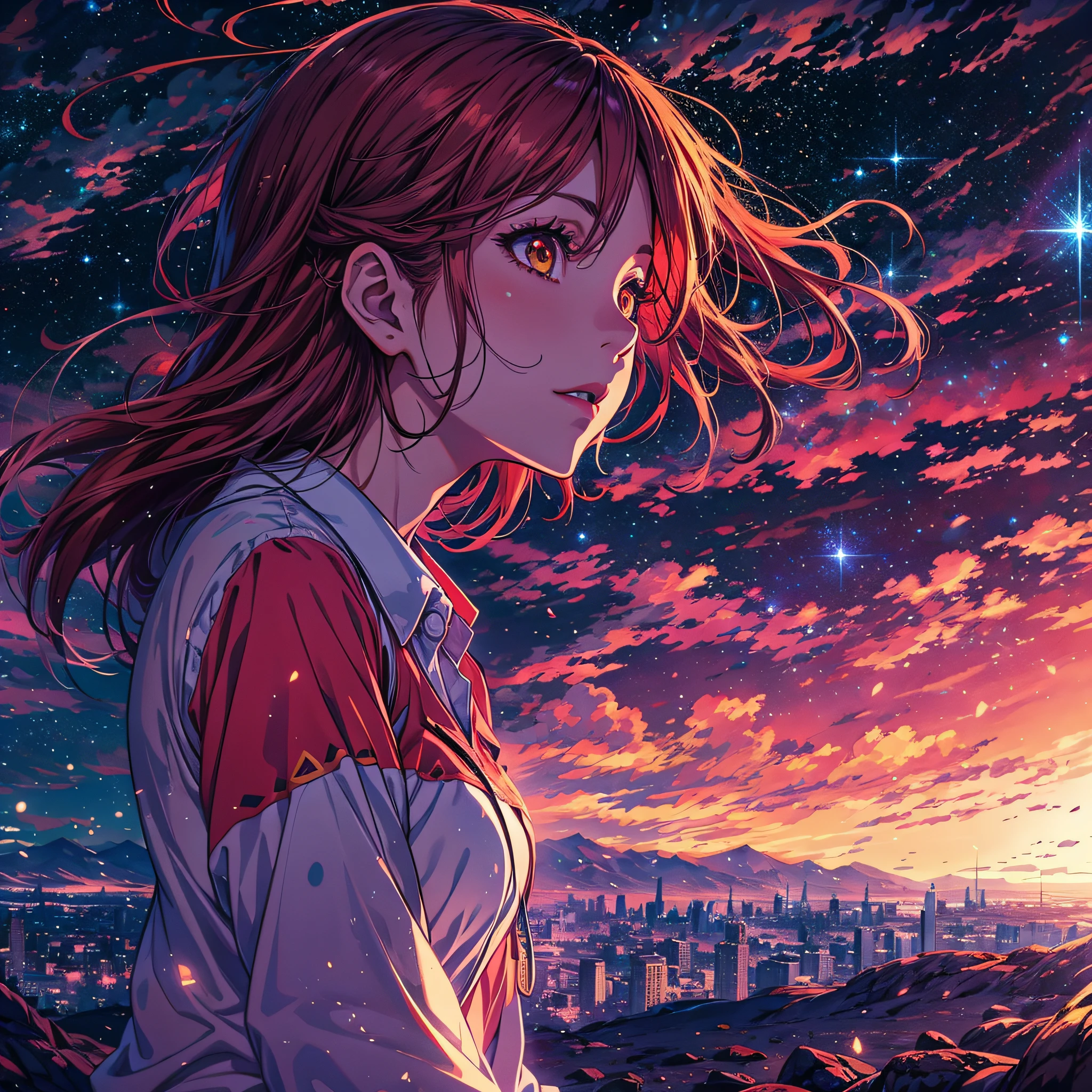 anime wallpapers of a girl looking at a view of the sky and stars, cosmic skies. by makoto shinkai, anime art wallpaper 4 k, long red hair, golden eyes, white shirt, black panties, anime art wallpaper 4k, anime art wallpaper 8 k, anime sky, amazing wallpaper, anime wallpaper 4 k, anime wallpaper 4k, 4k anime wallpaper, makoto shinkai cyril rolando, anime background art, makima, comet, star.