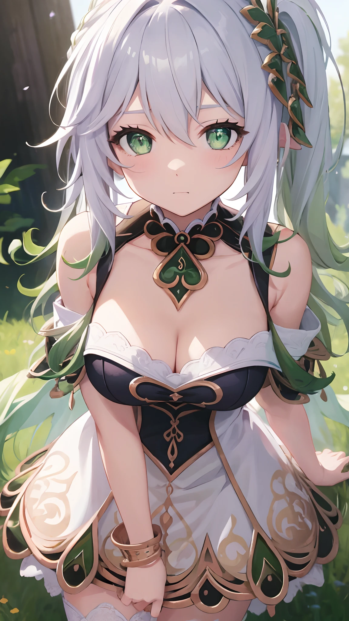 tmasterpiece,best qualtiy,Fine and detailed,A high resolution,Extremely Delicately Beautiful,(whaite hair),Close-up Shot Shot,(Green eyes),Be red in the face,cleavage,Off-the-shoulder attire, photo,perfect bodies,perfect bodies,white stockings,(Overlooking),丛林