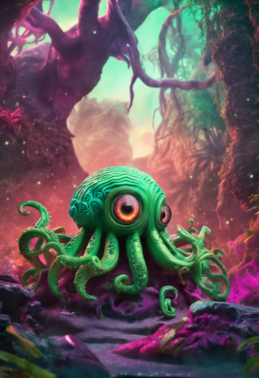 cephalopod, vivid green scaled tentacles wrapped around giant eyeballs, deity of storms and chaos, masterpiece, Best Quality