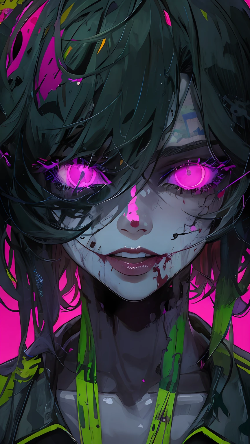 (Masterpiece), Best Quality, expressive eyes, a perfect face,(gritty:0.9),(80's aesthetic:1.1),(Neon:0.8),(Retro:0.9),(analog:1.1),(独奏:0.8),(1 person:0.6),(calavera:0.5),(Sunglasses:0.7),(The Grim Reaper:0.5),(purple and pink color scheme:0.9),(glitch:1.1),(tumult:1.0),(black and white:0.6),(Dripping letters:0.8),(Vaporwave Aesthetics:1.2),(Digital Distortion:0.9),(creepy smile:0.7),(blood splash:0.8),(darkness:0.9),