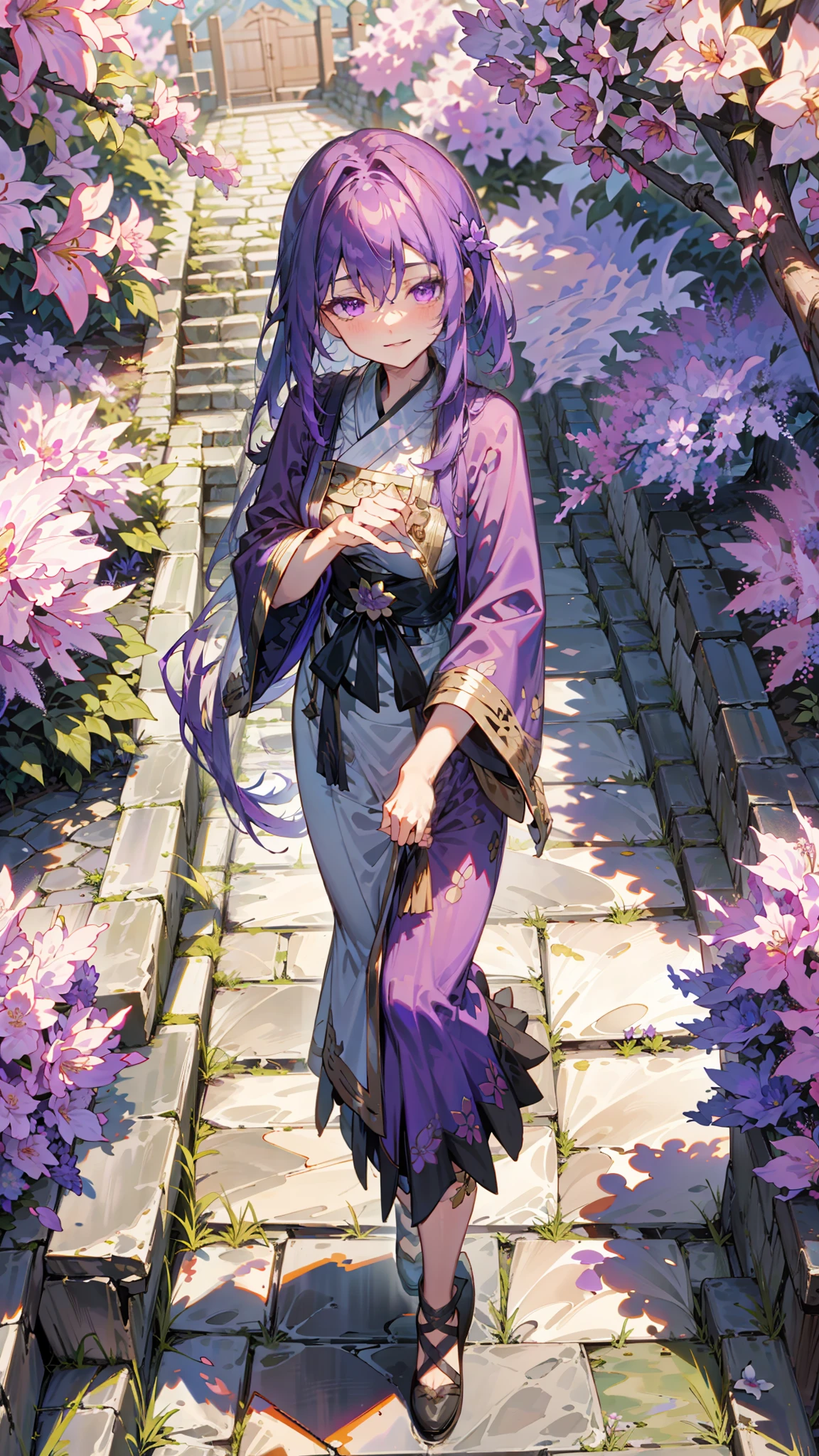 （8k，Optimal image quality），femele，Black waist-length hair，Loving purple eyes，Golden pupils，Pursing her lips with a shallow smile，Purple fringed shawl with a moire pattern of fine gold silk threads，White silk long-sleeved hanfu，The wrist is worn with a Yunli ice blue jade bracelet，Standing in the octagonal pavilion in the courtyard of the ancient house，Small arch bridge surrounded by rockery flowing water，The cobblestone path is surrounded by lilac azaleas