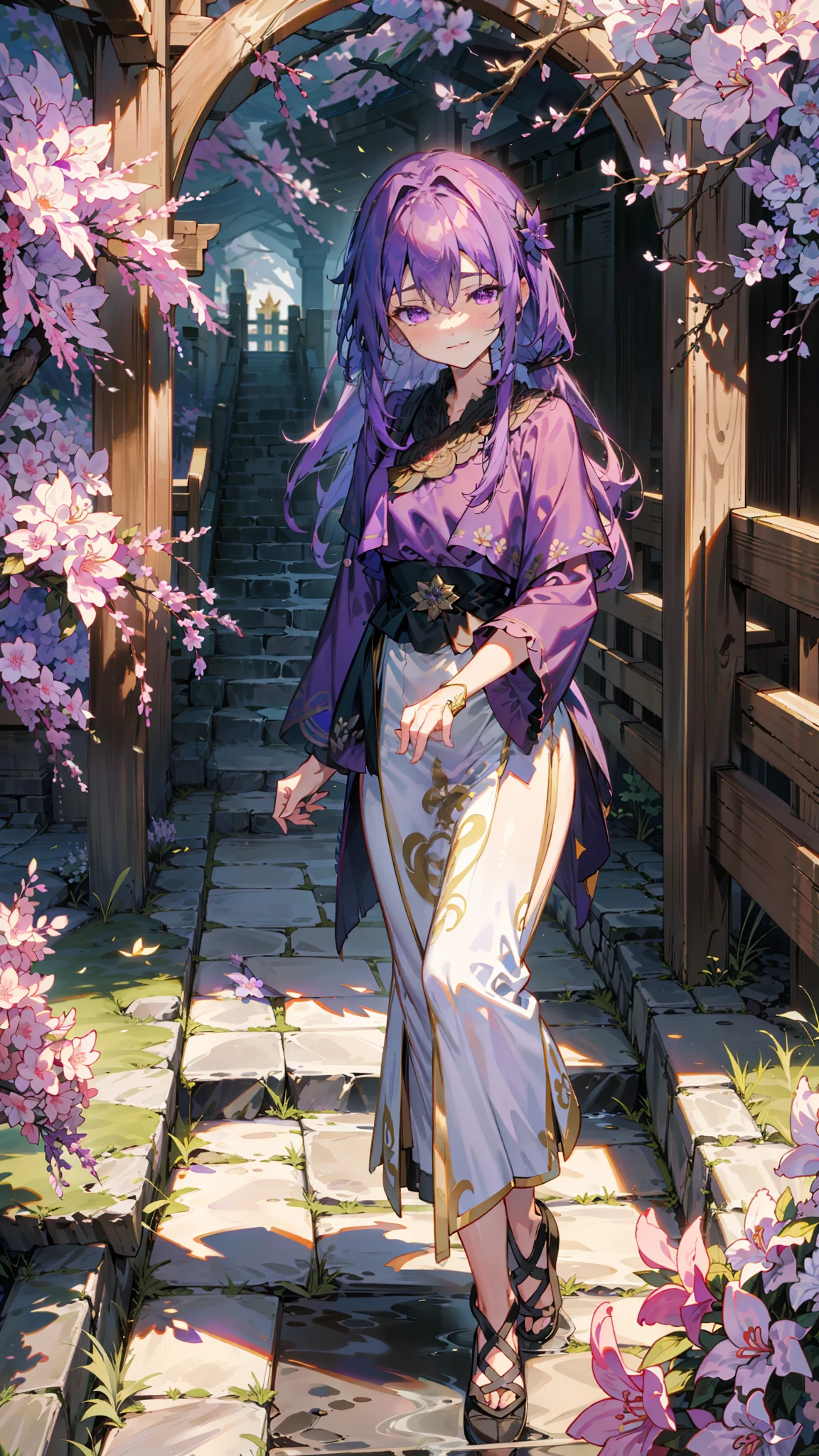 （8k，Optimal image quality），femele，Black waist-length hair，Loving purple eyes，Golden pupils，Pursing her lips with a shallow smile，Purple fringed shawl with a moire pattern of fine gold silk threads，White silk long-sleeved hanfu，The wrist is worn with a Yunli ice blue jade bracelet，Standing in the octagonal pavilion in the courtyard of the ancient house，Small arch bridge surrounded by rockery flowing water，The cobblestone path is surrounded by lilac azaleas