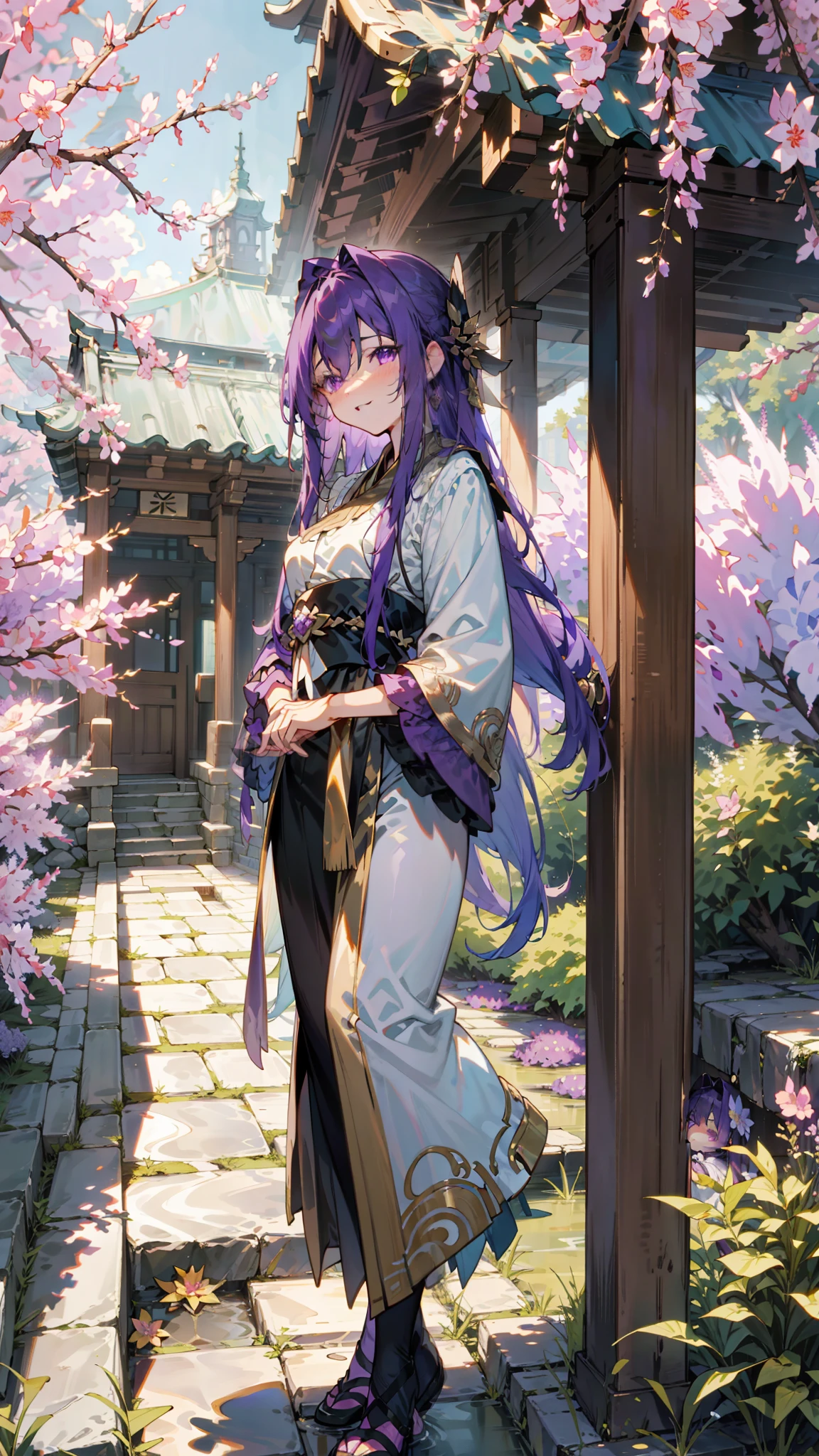 （8k，Optimal image quality），femele，Black waist-length hair，Loving purple eyes，Golden pupils，Pursing her lips with a shallow smile，Purple fringed shawl with a moire pattern of fine gold silk threads，White silk long-sleeved hanfu，The wrist is worn with a Yunli ice blue jade bracelet，Standing in the octagonal pavilion in the courtyard of the ancient house，Small arch bridge surrounded by rockery flowing water，The cobblestone path is surrounded by lilac azaleas