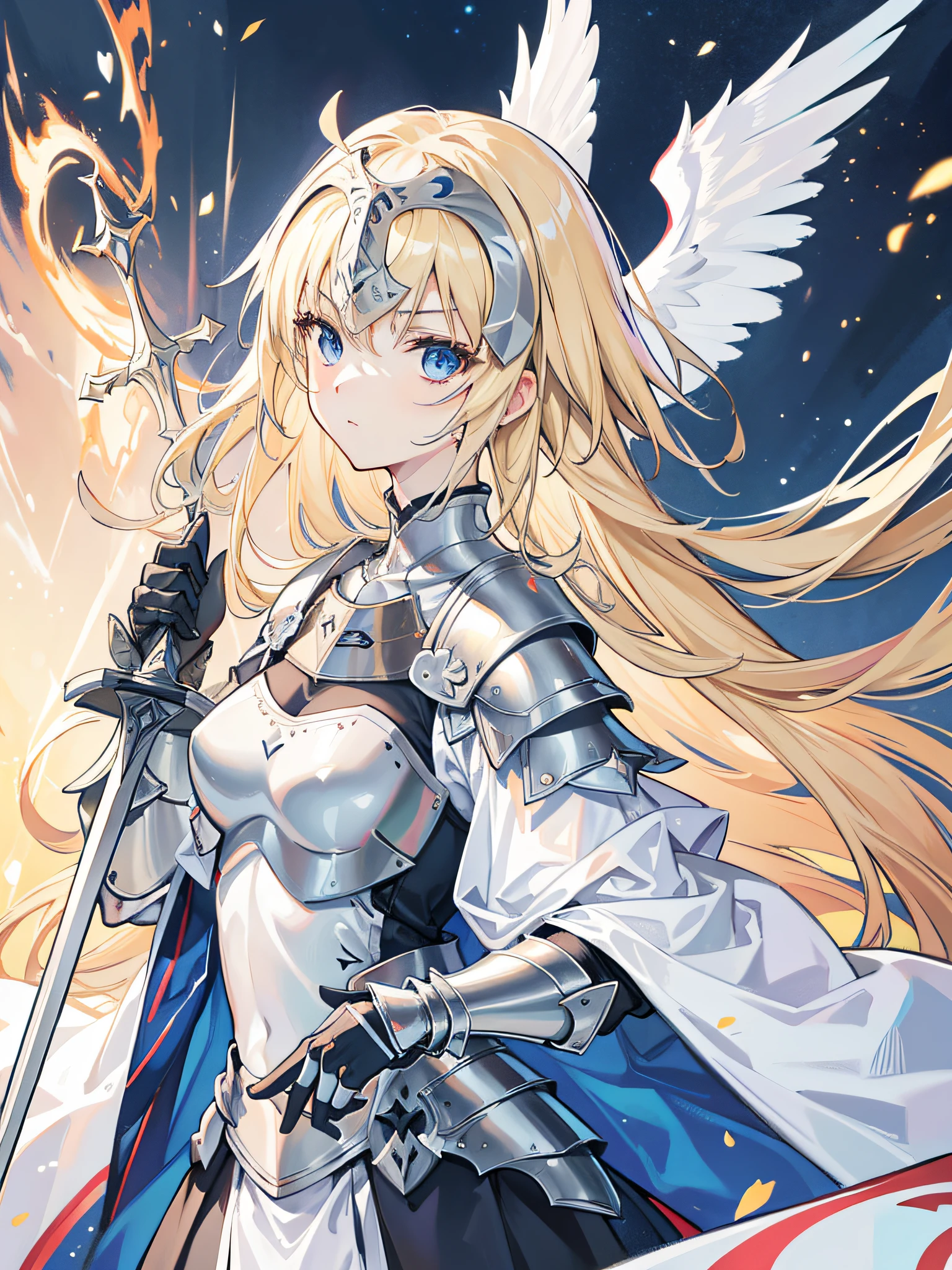 masterpiece, best quality,1girl, solo, long hair, blonde hair, jeanne d'arc (fate), (Upper_body),(Focus on her face),armor, blue eyes, weapon, sword, armored dress, gauntlets, headpiece, jeanne d'arc (third ascension) (fate), looking at camera, from side, official art,extremely detailed CG unity 8k wallpaper, perfect lighting,Colorful, Bright_Front_face_Lighting,shiny skin, (masterpiece:1.0),(best_quality:1.0),