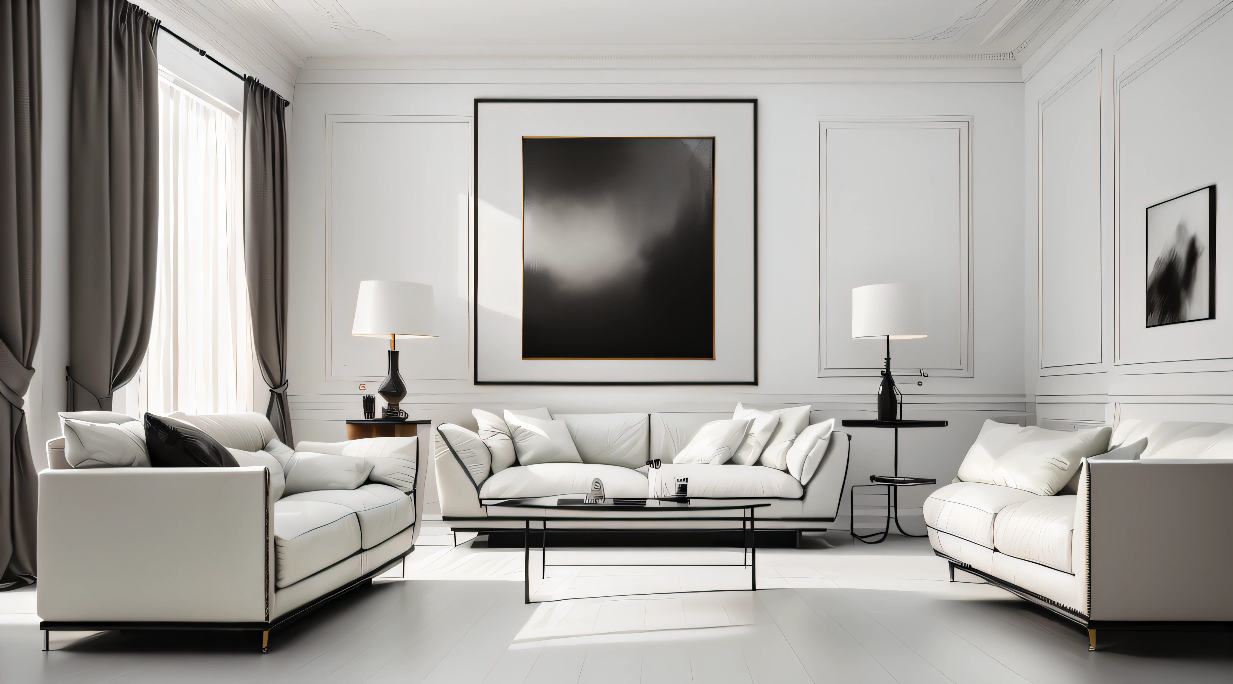 There is a white living room,There is a black and white painting on it, high quality 3d render, high quality 3 d render, placed in a large living room, elegant render, Have in the living room, elegant minimalism, placed in a living room, white furniture, high quality rendering, very realistic 3 d render, natural light in room, excellent 3d render