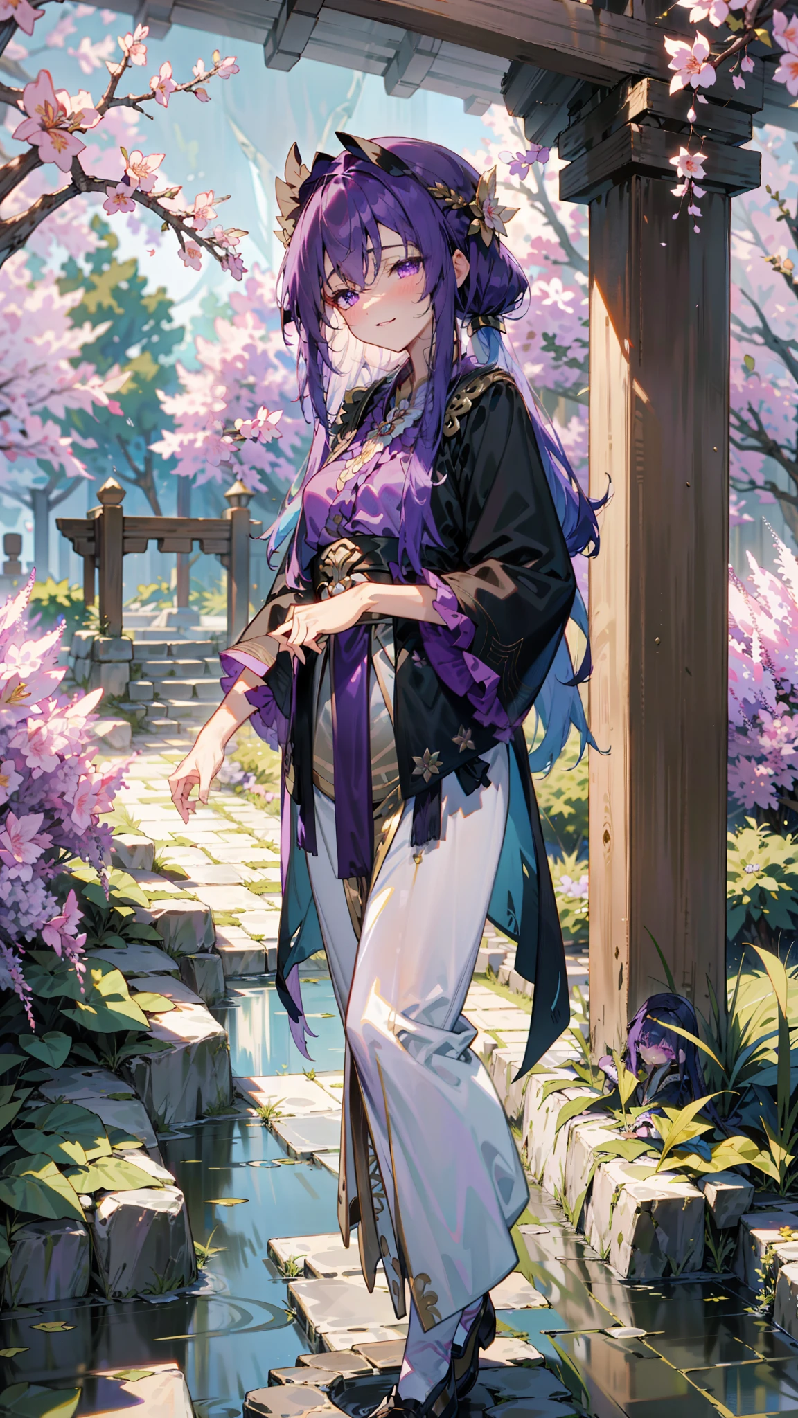 （8k，Optimal image quality），femele，Black waist-length hair，Loving purple eyes，Golden pupils，Pursing her lips with a shallow smile，Purple fringed shawl with a moire pattern of fine gold silk threads，White silk long-sleeved hanfu，The wrist is worn with a Yunli ice blue jade bracelet，Standing in the octagonal pavilion in the courtyard of the ancient house，Small arch bridge surrounded by rockery flowing water，The cobblestone path is surrounded by lilac azaleas