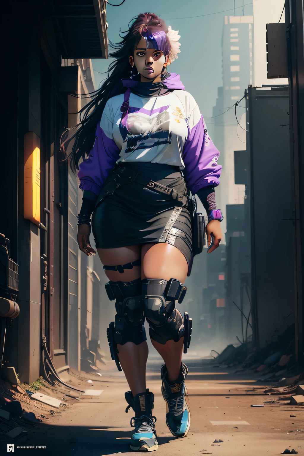 Full body portrait of beautiful chubby woman, whole head in frame, Dark skin tone, Long neon hair, Light purple root blue end, (((yoji shinkawa))) Yoji Shinkawa's post-apocalyptic style, Cyberpunk, suns rays,