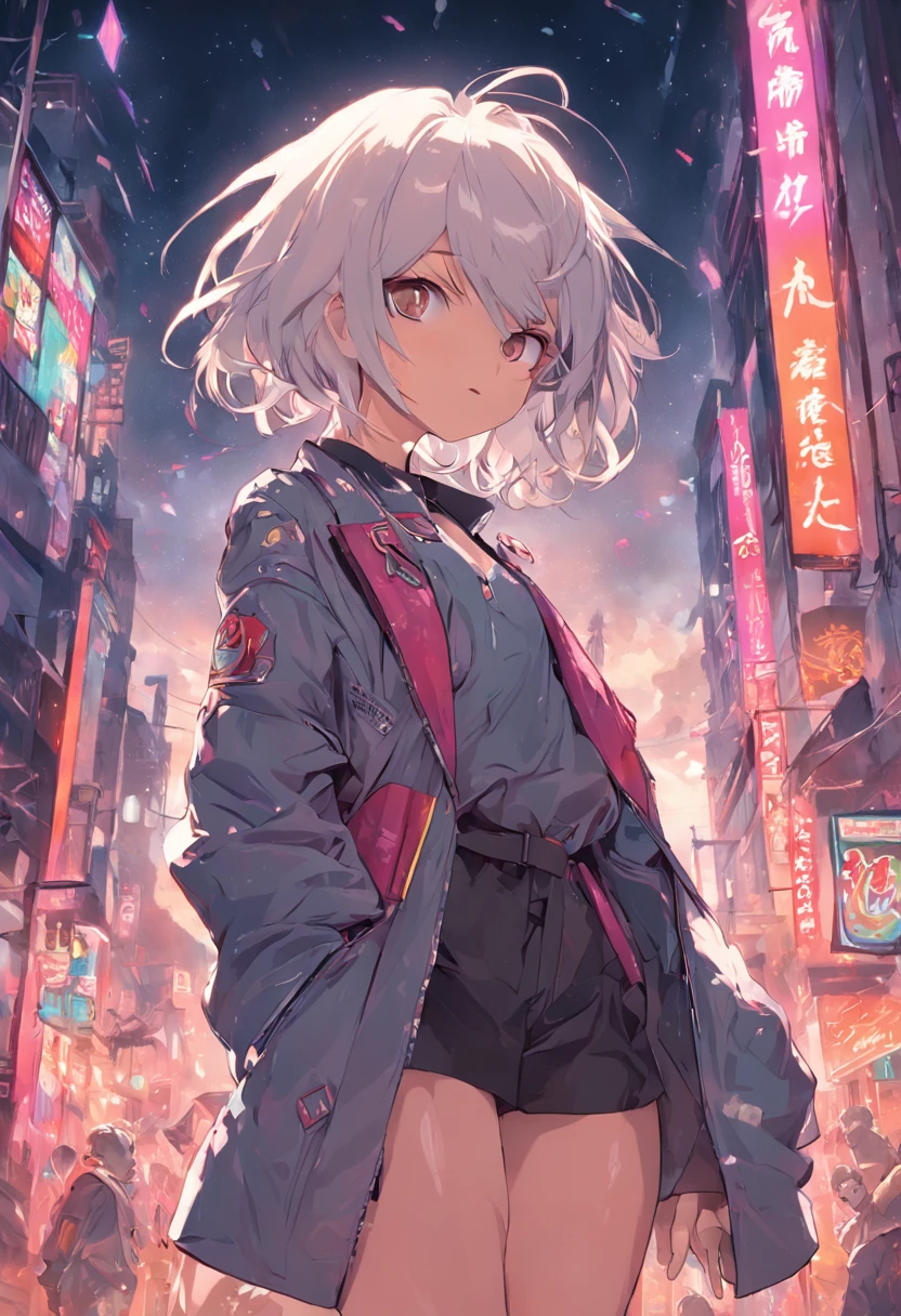 best qualityer,tmasterpiece,Ultimate resolution,downy,Extremely colorful,Colorful,Women combatants,a matural female,Short white hair,Tight combat suit,tightsuit,With a belt,Steel City background,the night,Normal posture