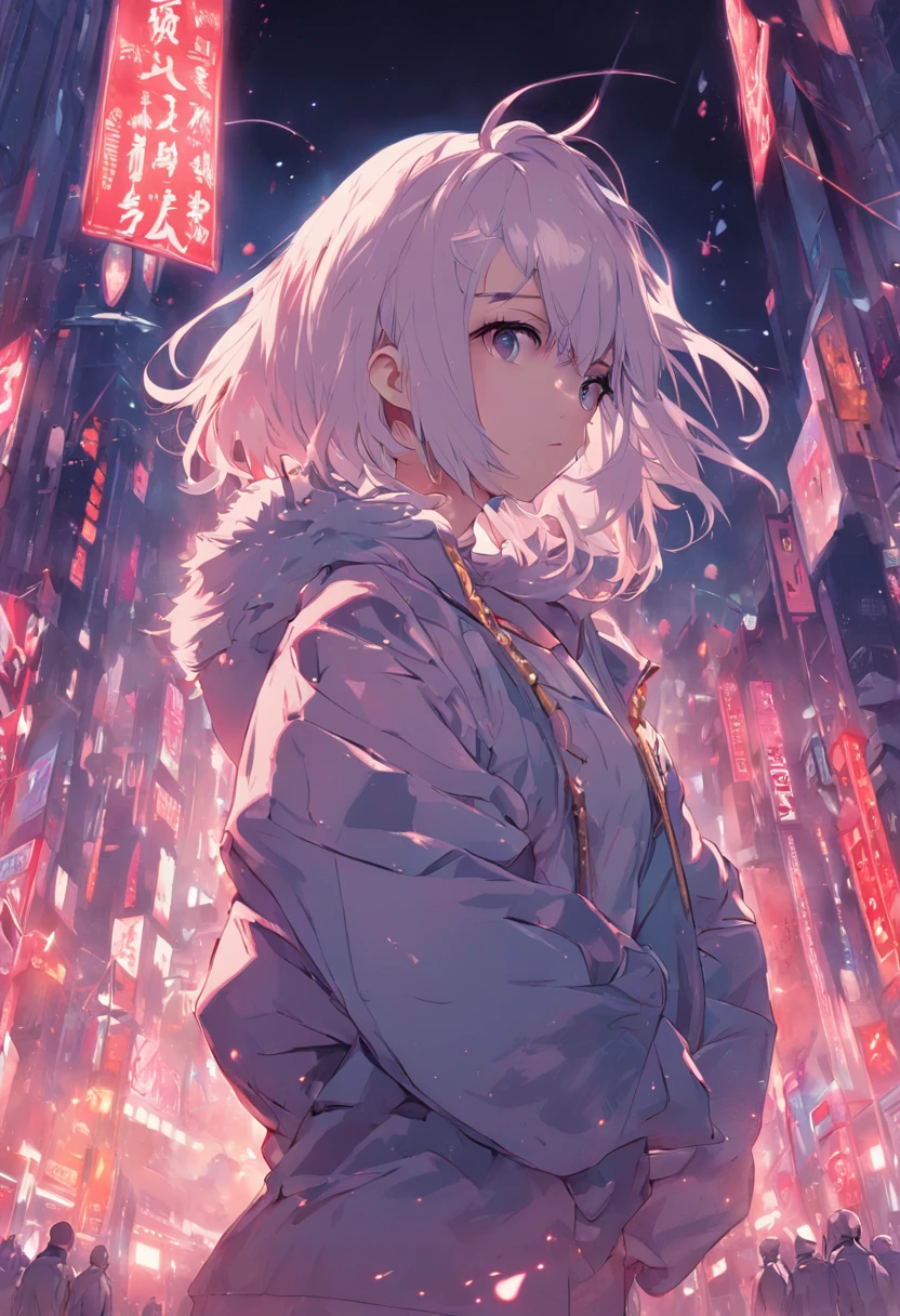 best qualityer,tmasterpiece,Ultimate resolution,downy,Extremely colorful,Colorful,Women combatants,a matural female,Short white hair,Tight combat suit,tightsuit,With a belt,Steel City background,the night,Normal posture