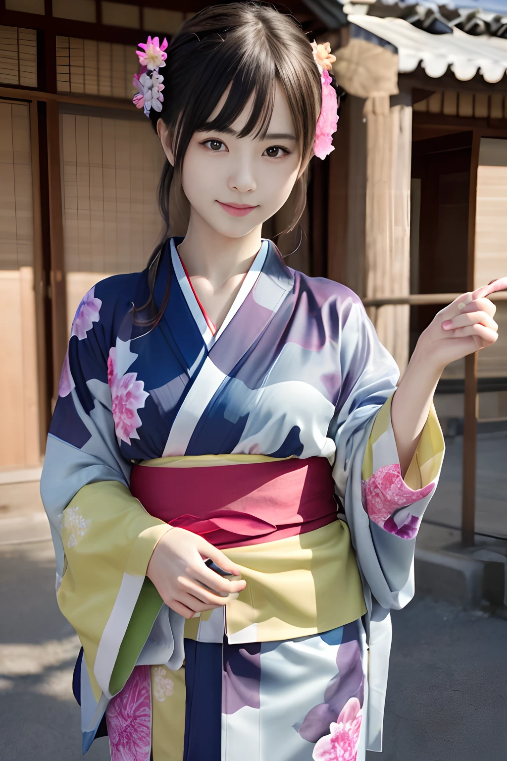 A beautiful smiling woman in a kimono greets people with a cheerful "Good morning" as her arms open under the blue sky