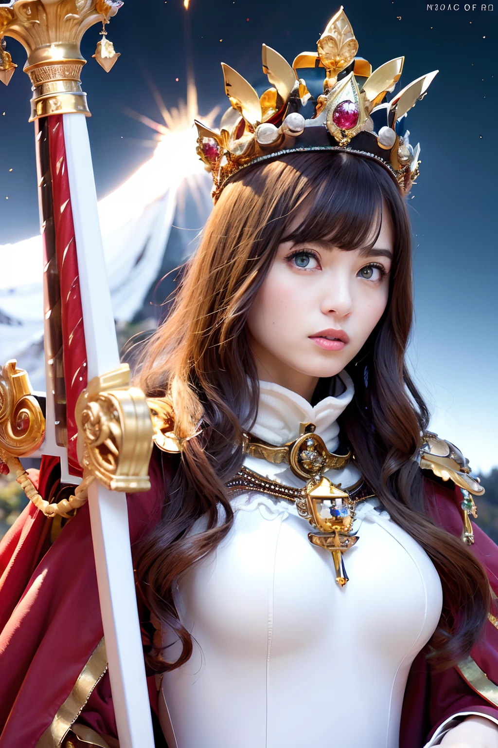 (masutepiece), Professional , masterpiece、top-quality、photos realistic , depth of fields ,(Wind element),close-up,dream magical,tornado,Lightning,(Gemstone Silver Jewel Body:1.9),(Matte White、Jewel Gold Weapon_(Metal:1.4),Gorgeous Jewel Metal Weapons , Detailed Sword of the Brave , Beautiful knife ,warhammer 40k , adepta sororitas,Detail and ornate jewel crown、Brown hair、Gangle's forest background、Beautiful Caucasian beauty、1a person、dynamic ungle,(((Detailed and ornate diamond crown)))、Particles of light、cleavage of the breast、