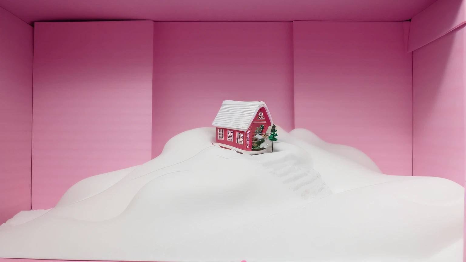 Um Celeiro cor de rosa na neve. Cardboard box on the bottom. Maquete. Uma maquete de um celeiro cor de rosa na neve. Muita neve.