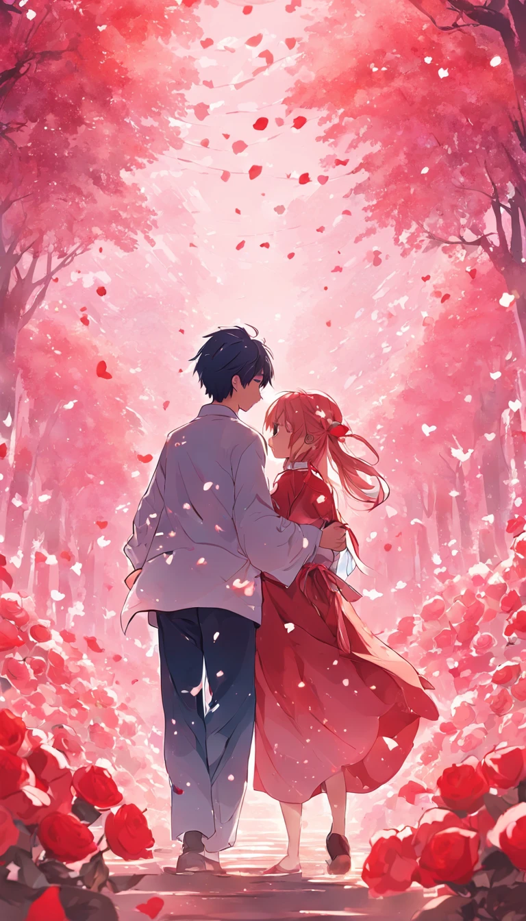 Poster production，In a romantic atmosphere，couple cuddling，Stroll through the Sea of Roses，Under the blue sky and white clouds，Tanabata Chinese style，Feel the romantic theme of Valentine's Day。