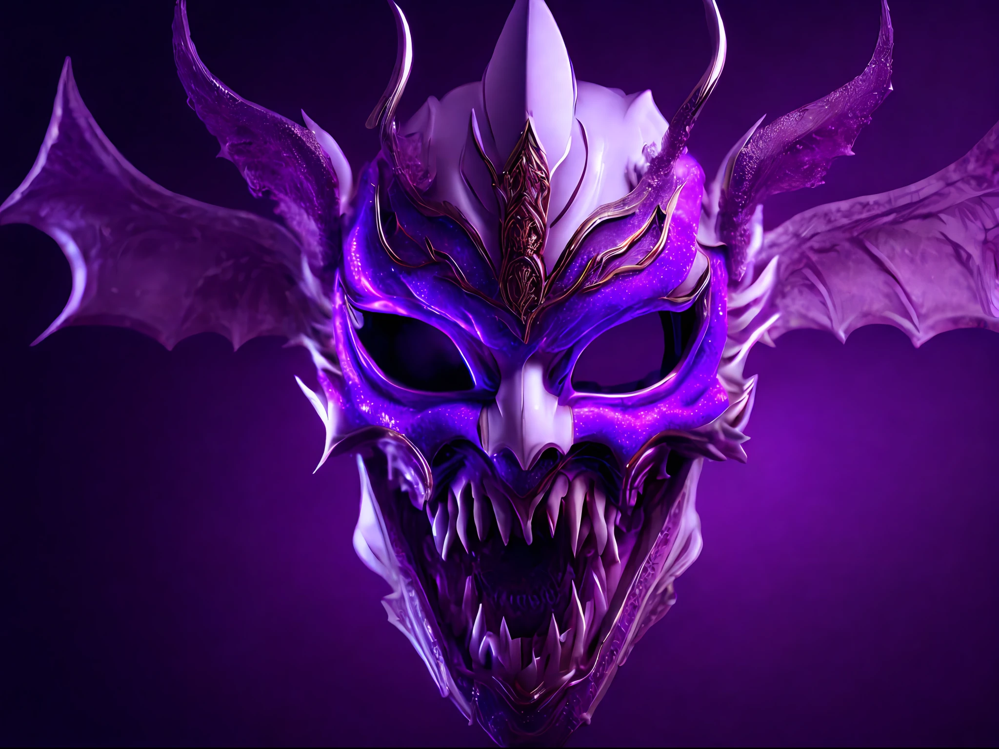 (highly detailed photo:1.1), 8k, photorealistic, insanely detailed:1.5), (highest quality)A demonic white comedy mask flying in a void, with purple amoke trailing behind it, realistic, cinematic, demonic.