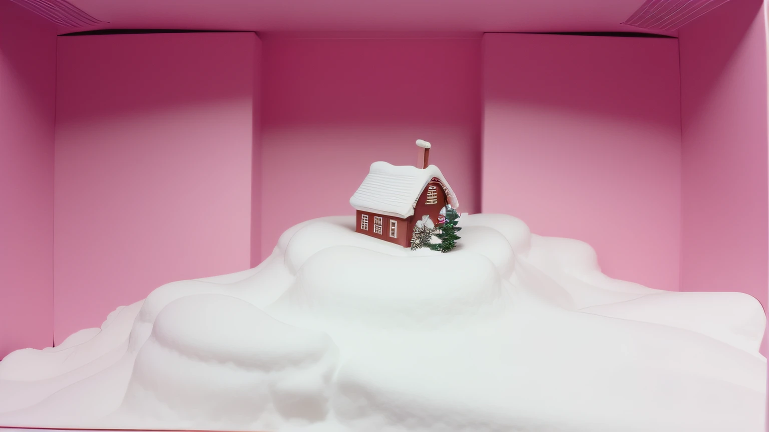 Um Celeiro cor de rosa na neve. Cardboard box on the bottom. Maquete. Uma maquete de um celeiro cor de rosa na neve. Muita neve.