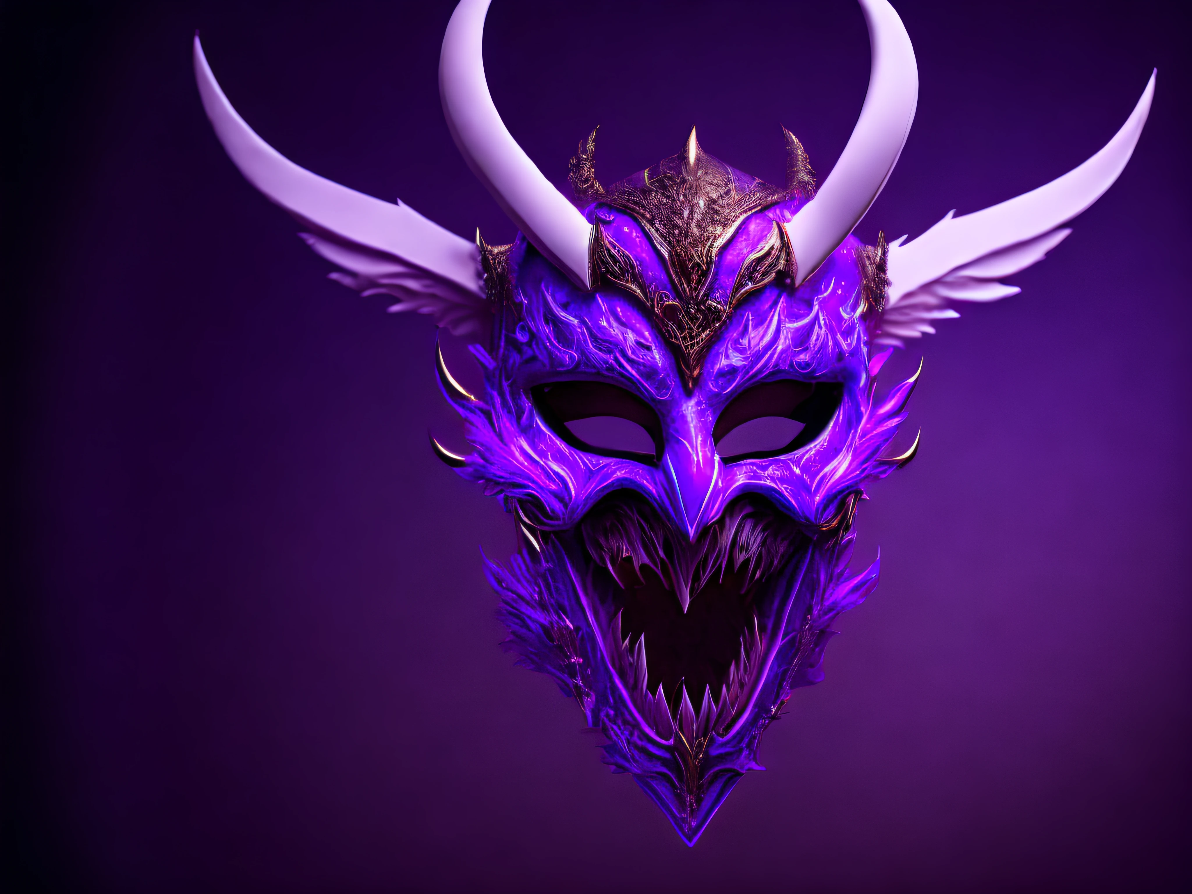 (highly detailed photo:1.1), 8k, photorealistic, insanely detailed:1.5), (highest quality)A demonic white comedy mask flying in a void, with purple amoke trailing behind it, realistic, cinematic, demonic.