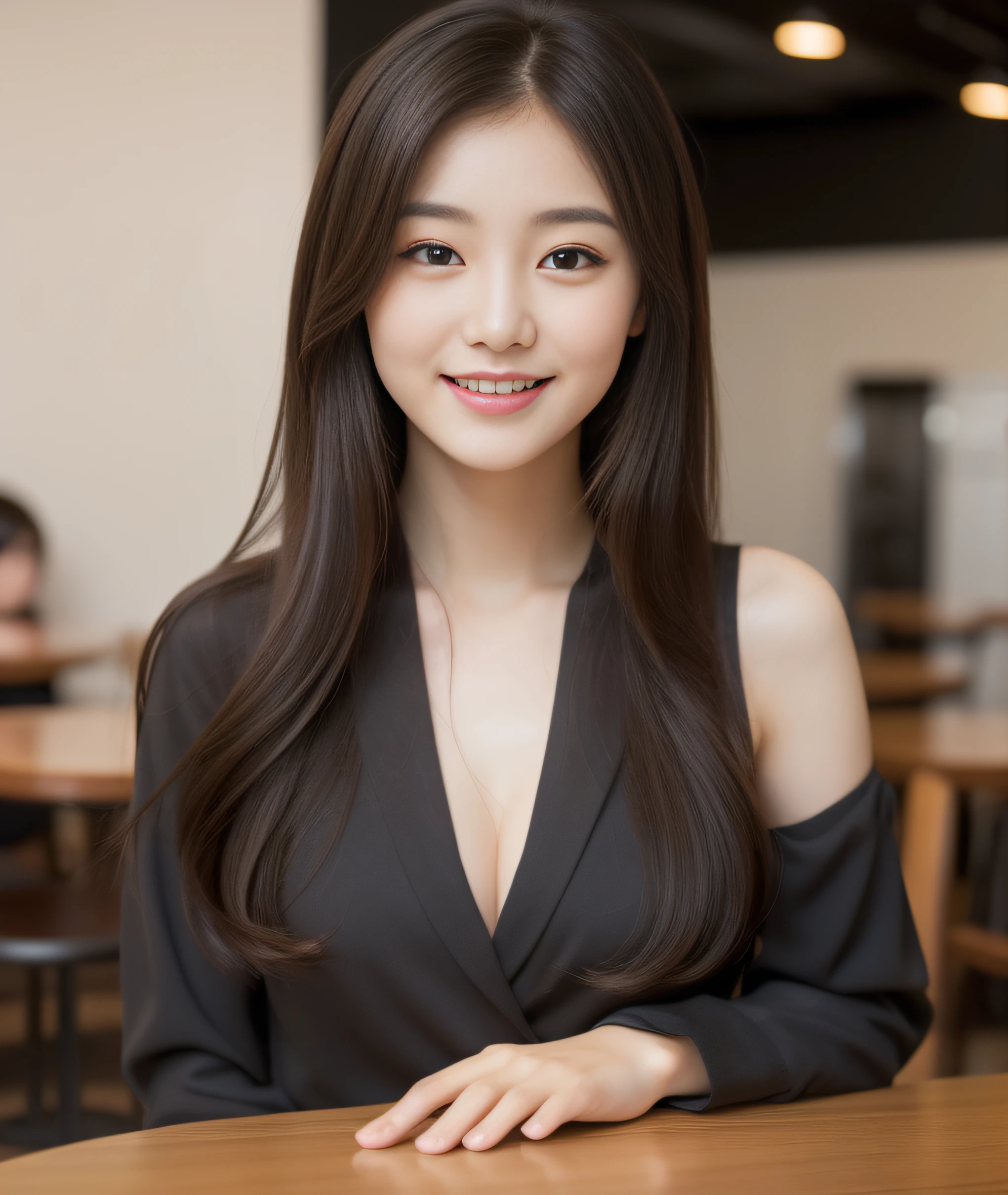 ((best quality, 8K, masterpiece: 1.3)), beautiful girl, pure, melon face, kind and cute, sweet smile, pure desire, slender body, (front), (tilted head), ((looking at camera) ), wearing a gray suit, black silky medium hair, long flowing shoulders, round black big eyes, clear big eyes, moist red lips, sweet, sitting in a cafe, cafe background , ((((whole body)))),